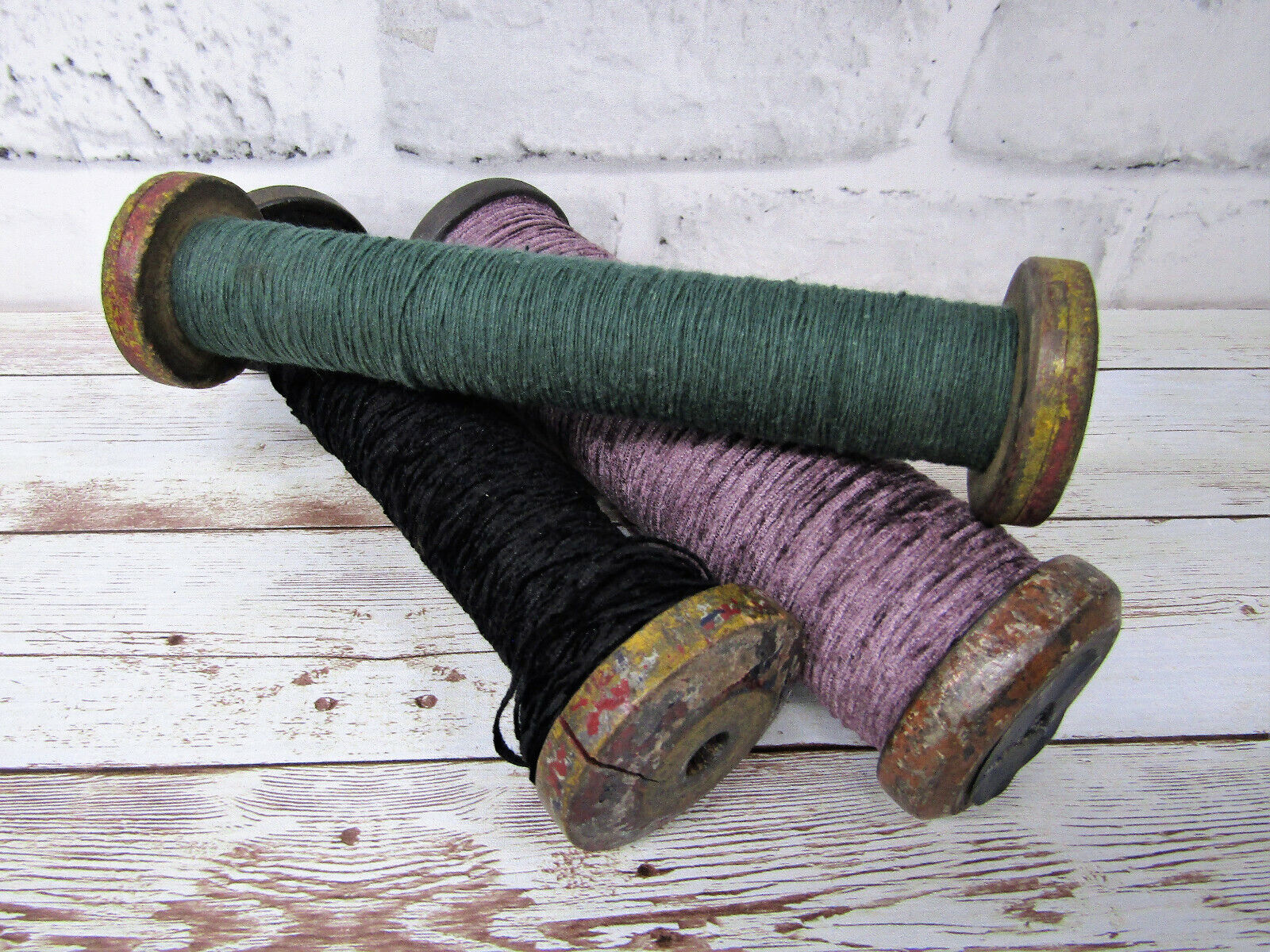 Set of 3 Antique Vintage Industrial Textile Bobbins Spools w/Thread Yarn String