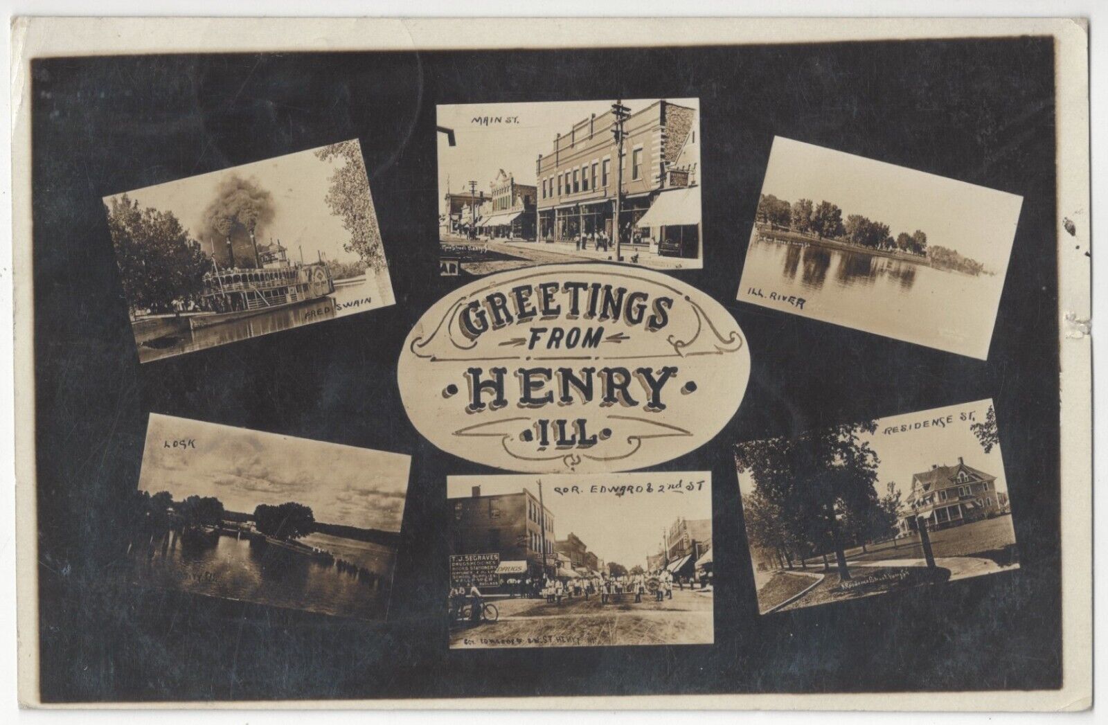 1909 Henry, Illinois REAL PHOTO Main Street, Paddle Wheel Steamer, Old Postcard