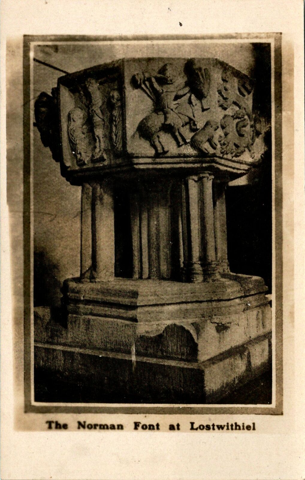 The Norman Font at Lostwithiel England UK Postcard unused 1920s