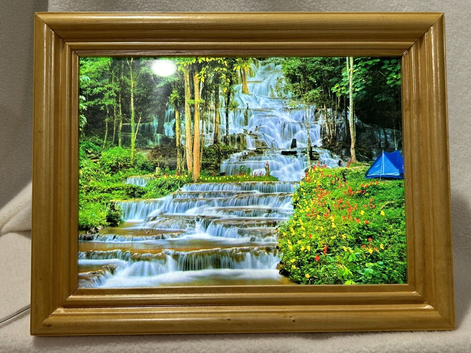 VINTAGE Framed Light Up Motion Waterfall with Camping Tent Tabletop Picture