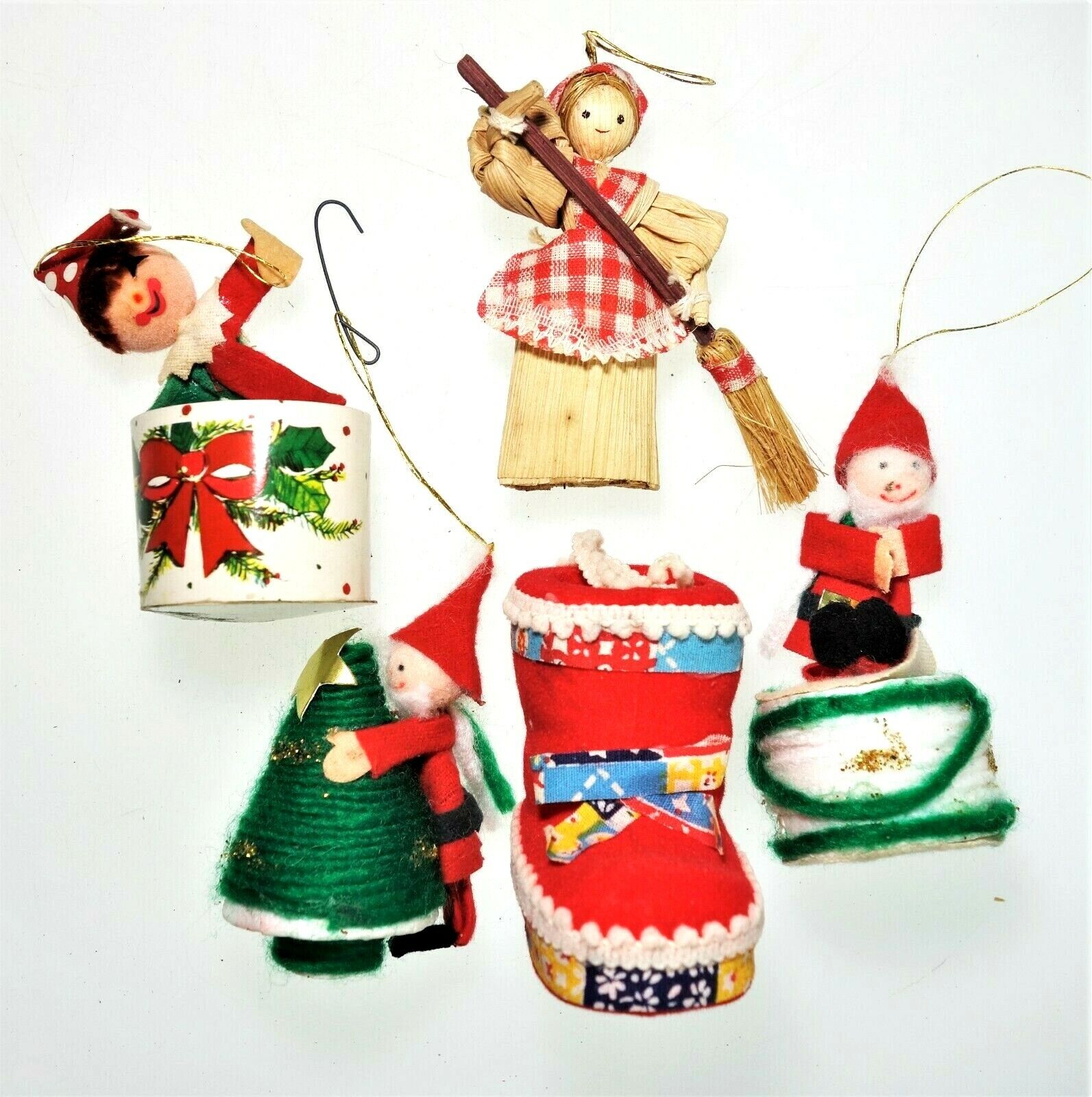 5 Vtg 70s Christmas Ornaments Retro Holiday Cornhusk Elf 