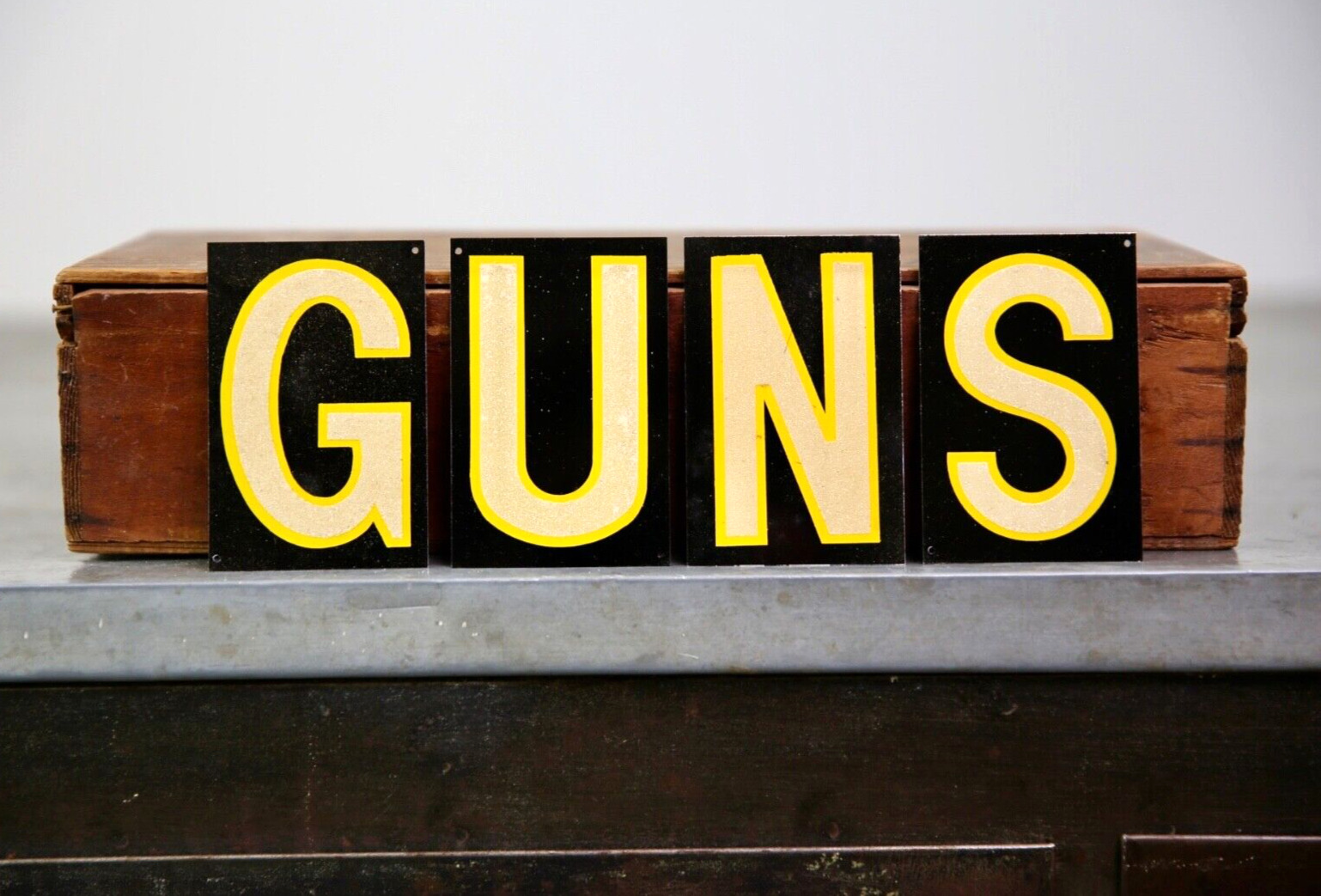 Vintage GUNS Metal Sign Smaltz paint Winchester Remington Hunting Rifle etc