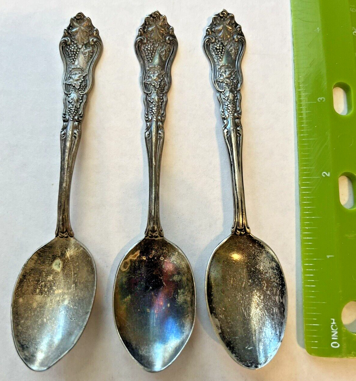 3 Vintage ABCO Silver Plate Spoons Pat 4.10-06 Ornate Grapes