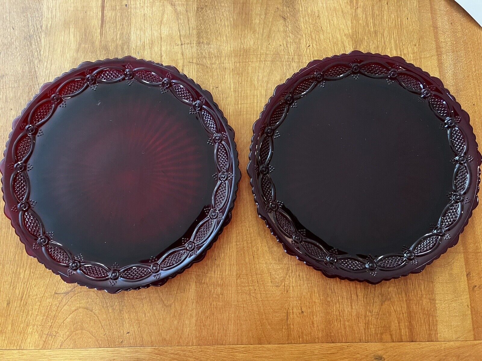 Set Of 2 - Vintage Avon 1876 CAPE COD Ruby Red Glass Dinner Plate 10.5\