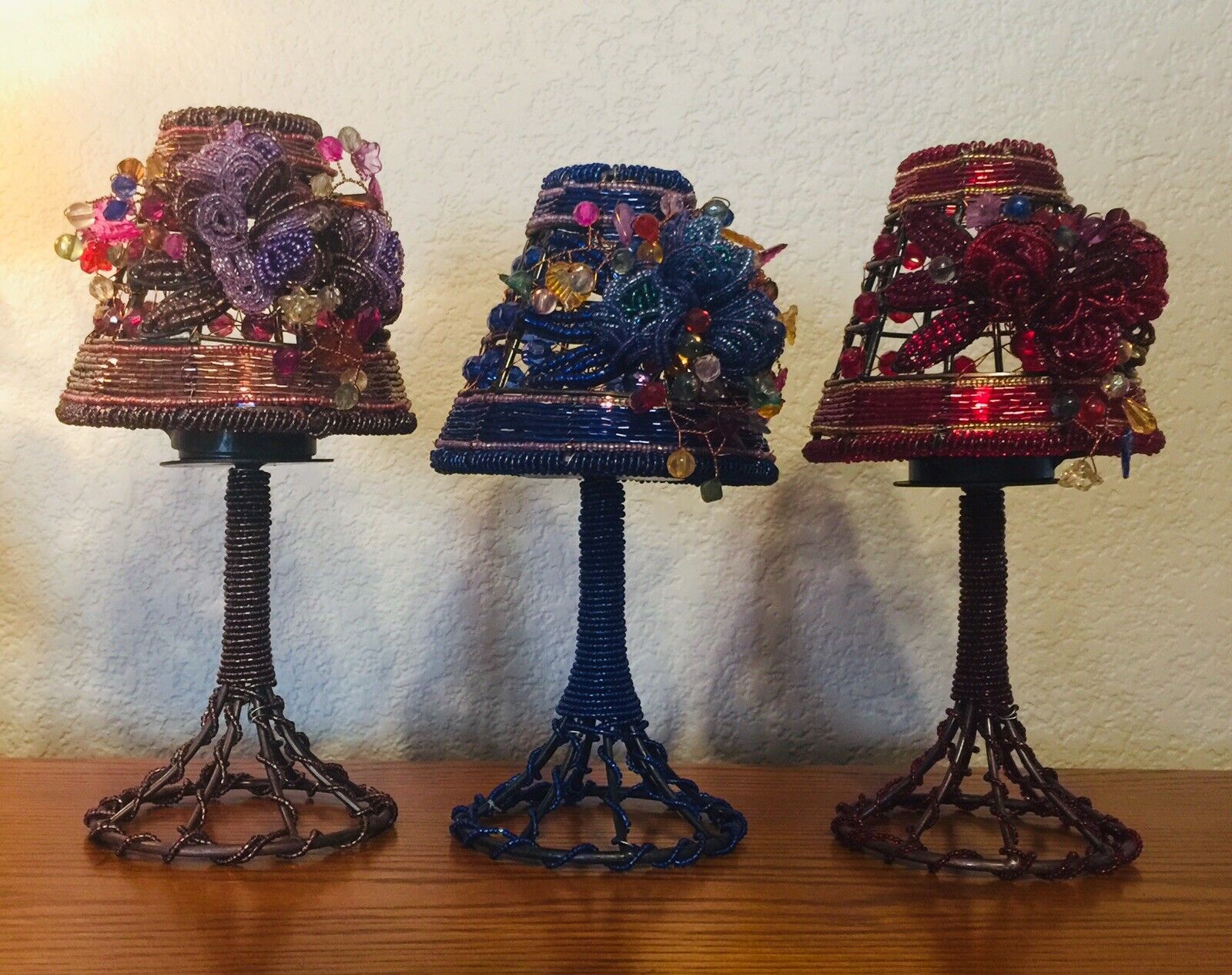 3 Colorful Beaded Tea Light Lamps 1 of each Color, BLUE, PURPLE, RED-U GET ALL 3