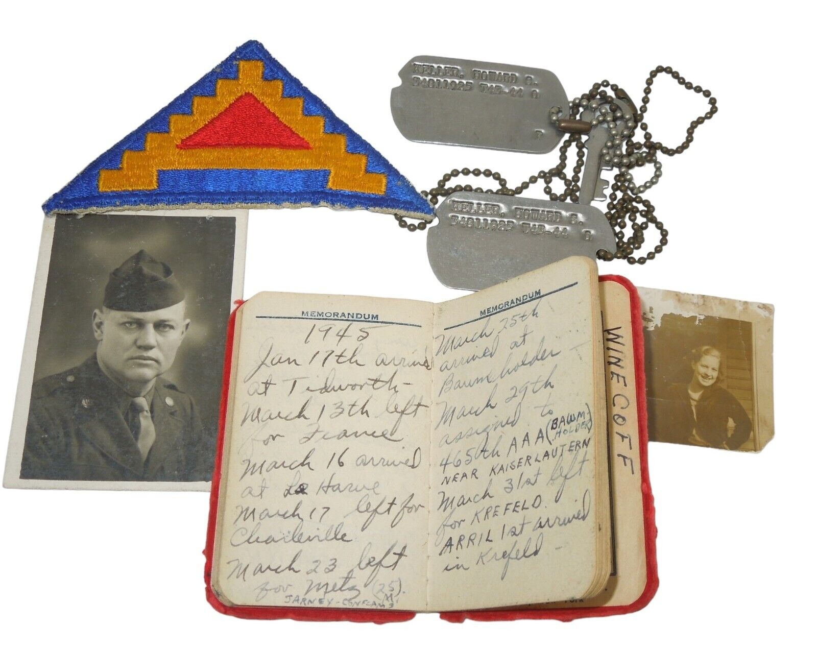 WWII ETO US 465th AAA BN Named Dog Tag, Photo, & Pocket Diary Notebook Group.