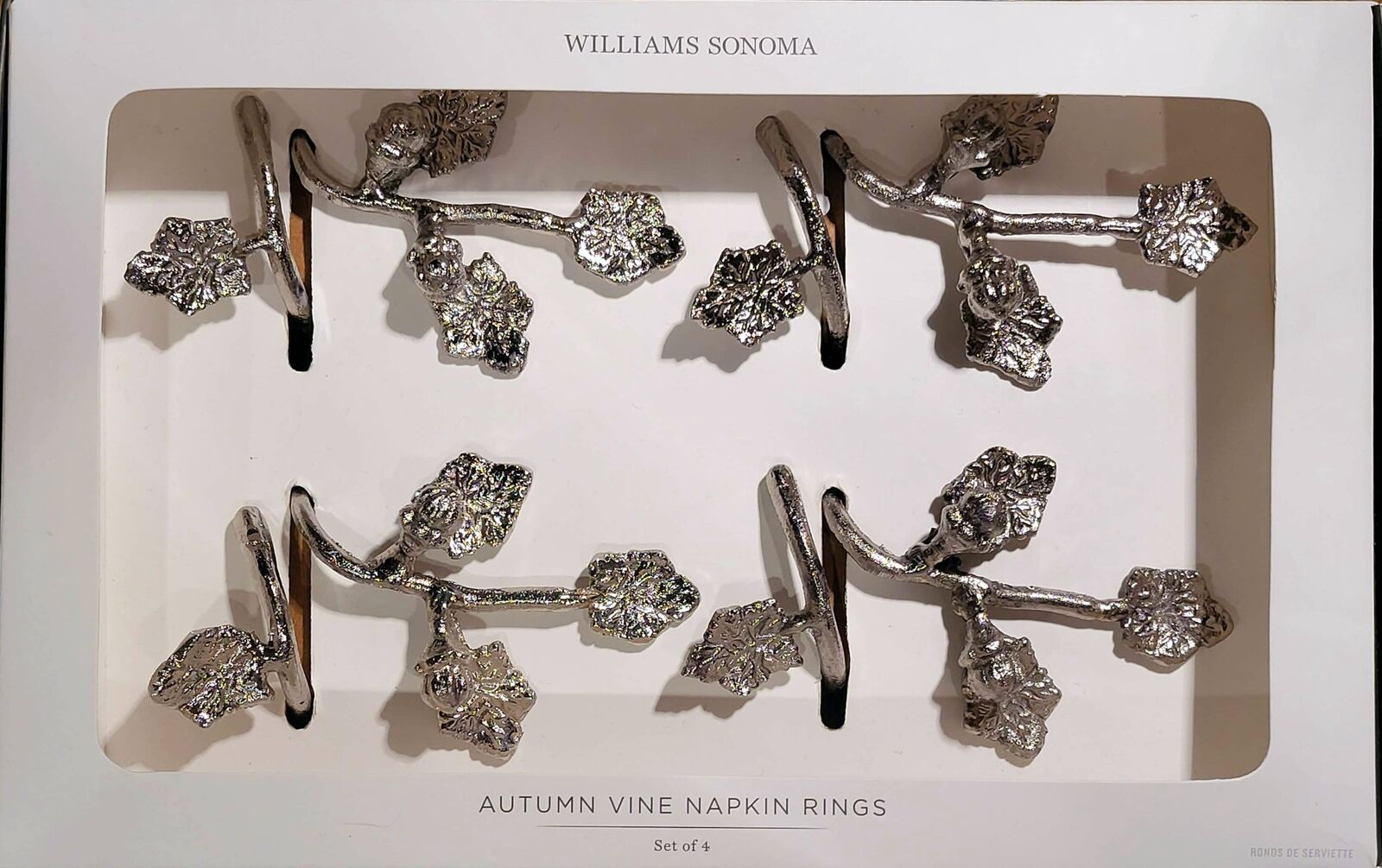 New Williams Sonoma Silver Autumn Vine Napkin Rings, Set of 4