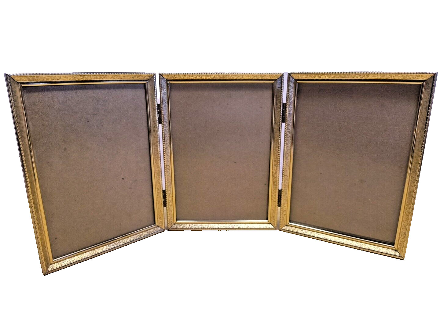 Vintage 3 Fold Gold Metal Frame 5x7 x 3 Hinged Non Glare Glass