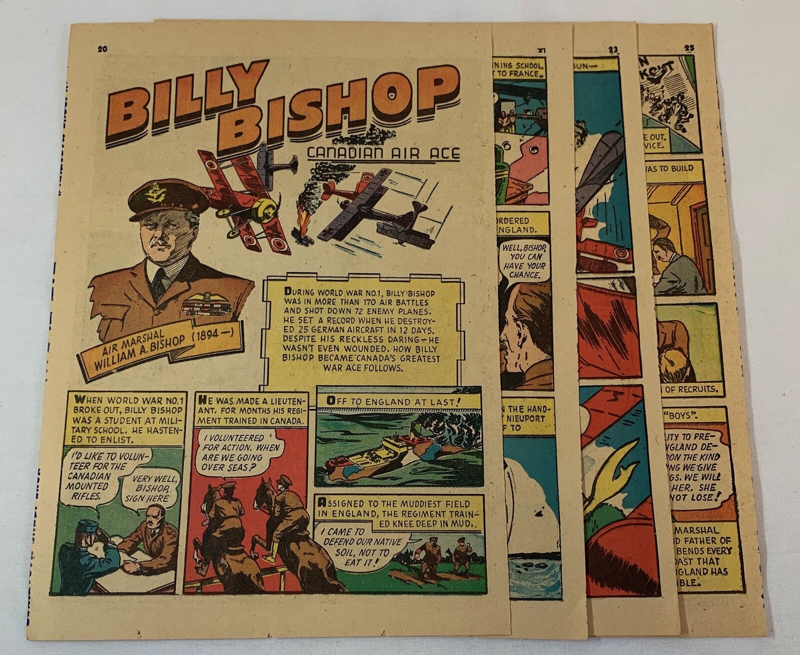 1941 six page cartoon story~ aviator BILLY BISHOP Canadian Air Ace ~ WWI