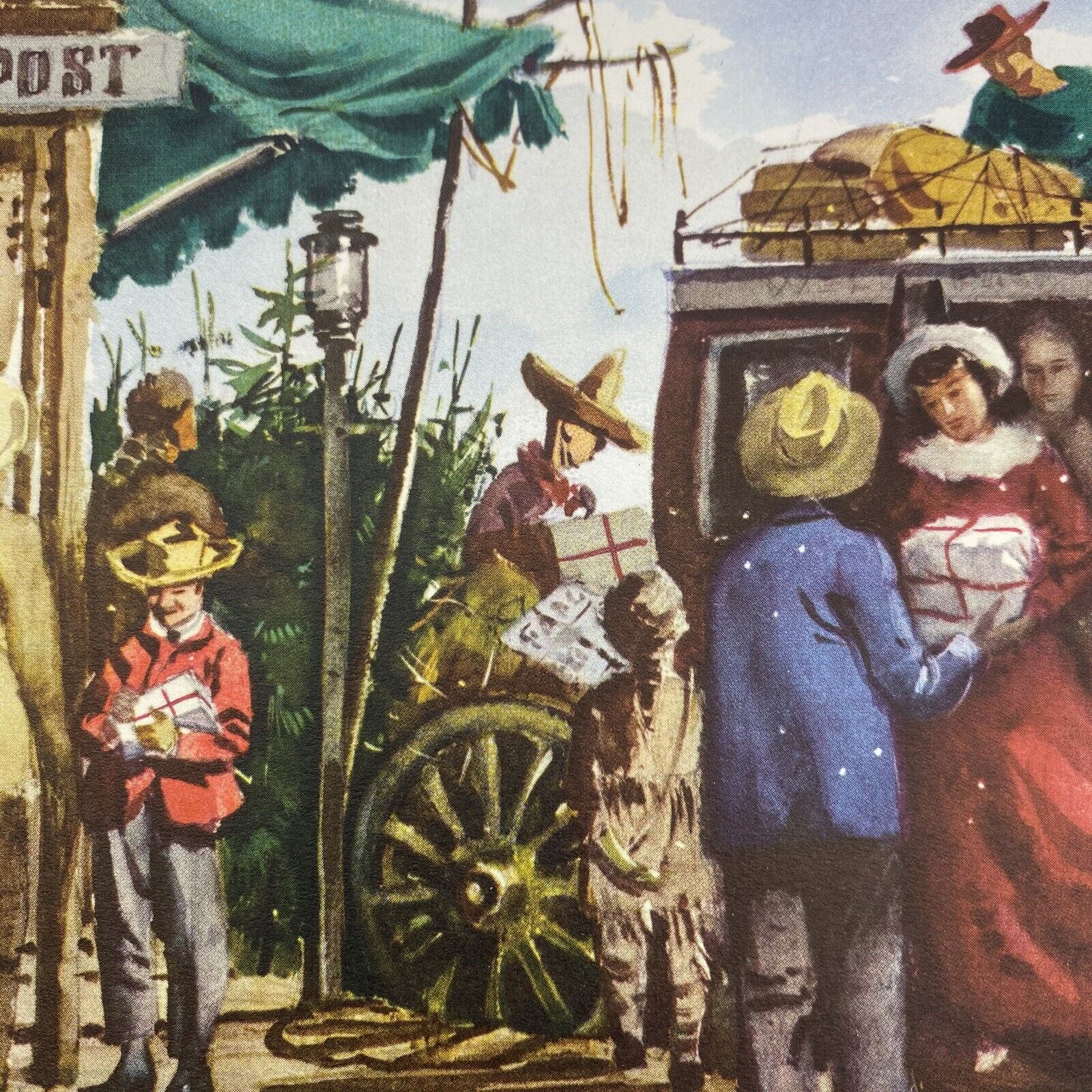 Vintage Mid Century Christmas Greeting Card Trading Post Townspeople Wagon