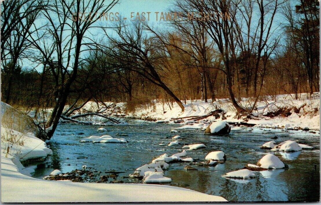 Greetings from East Tawas Michigan Winter Scene Vintage Chrome Postcard B32