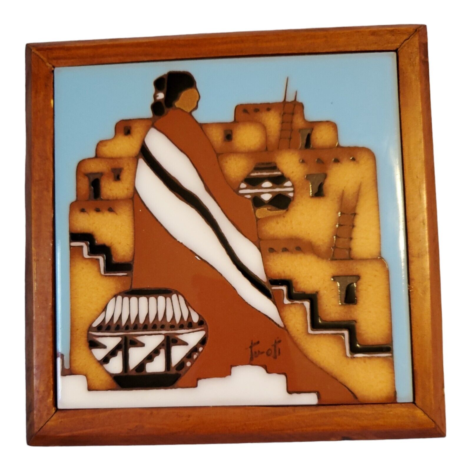 1990 Earthtones Native American Southwestern Terracotta Tile Trivet Signed TUOTI