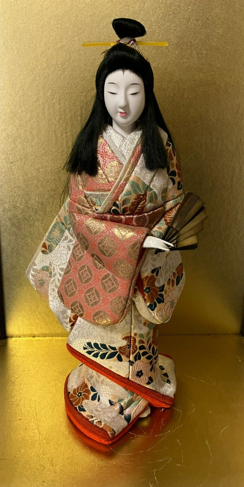 Vintage Japanese Kimekomi Doll Kimono Geisha Fan Long hair H:14.9in