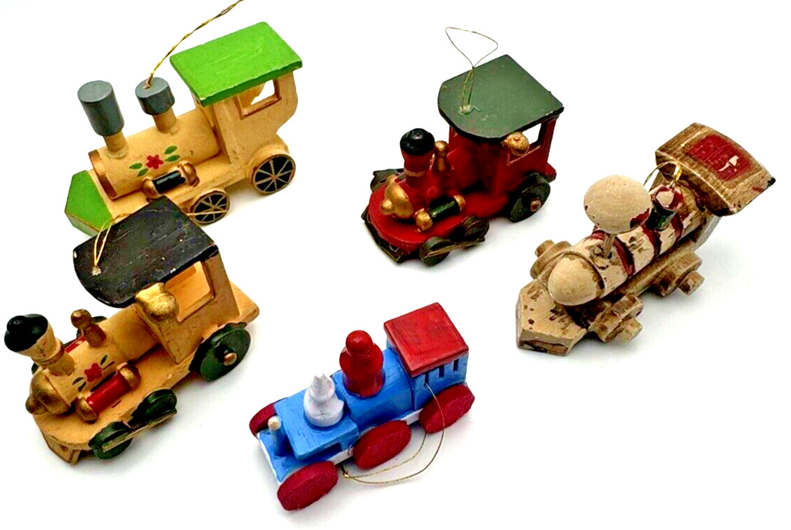 Lot of 5 Vintage Wooden Miniature Train Ornaments Locomotives Nice Collection