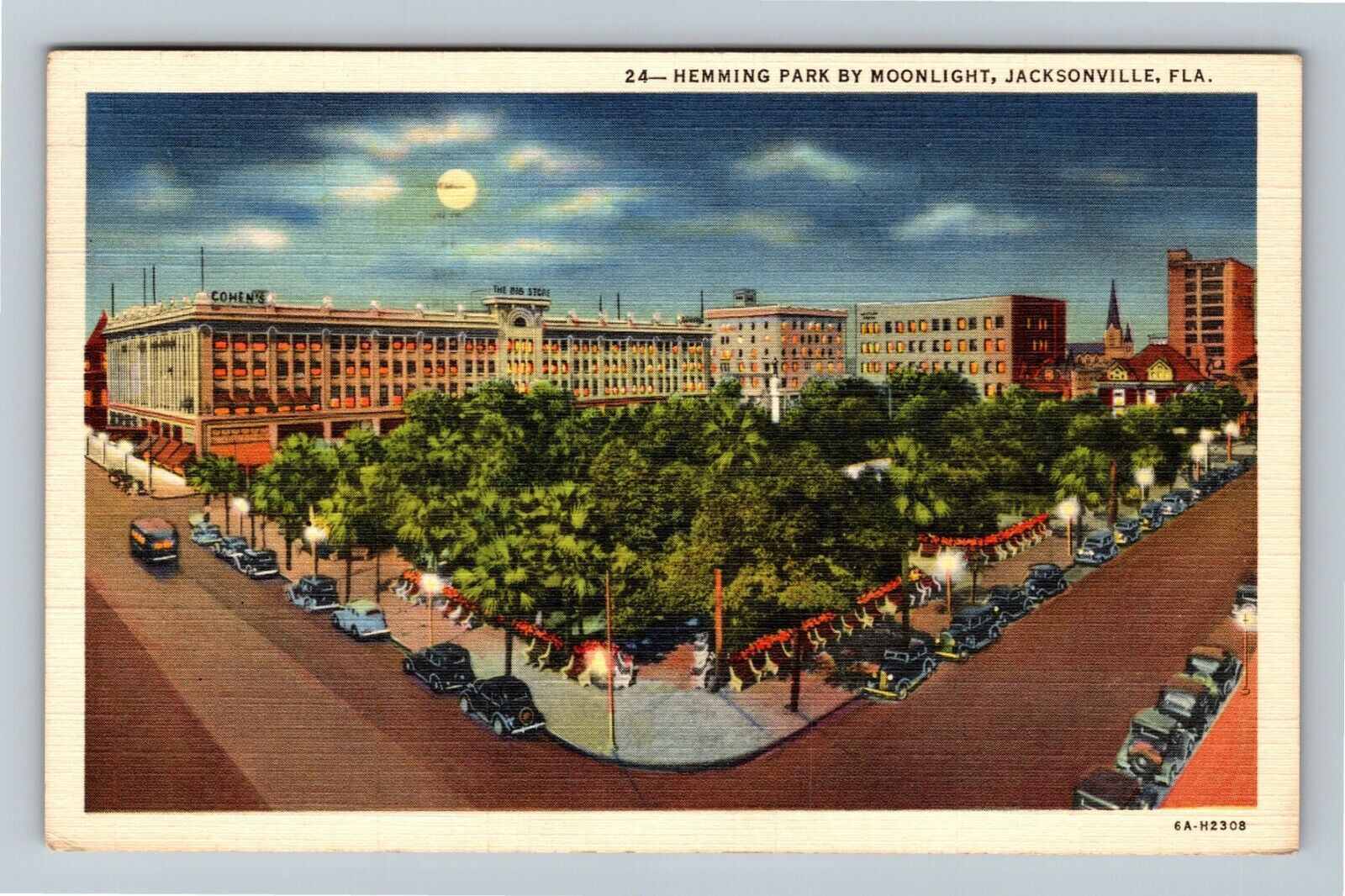 Jacksonville FL-Florida, Hemming Park, Moonlight, Period  Vintage Postcard