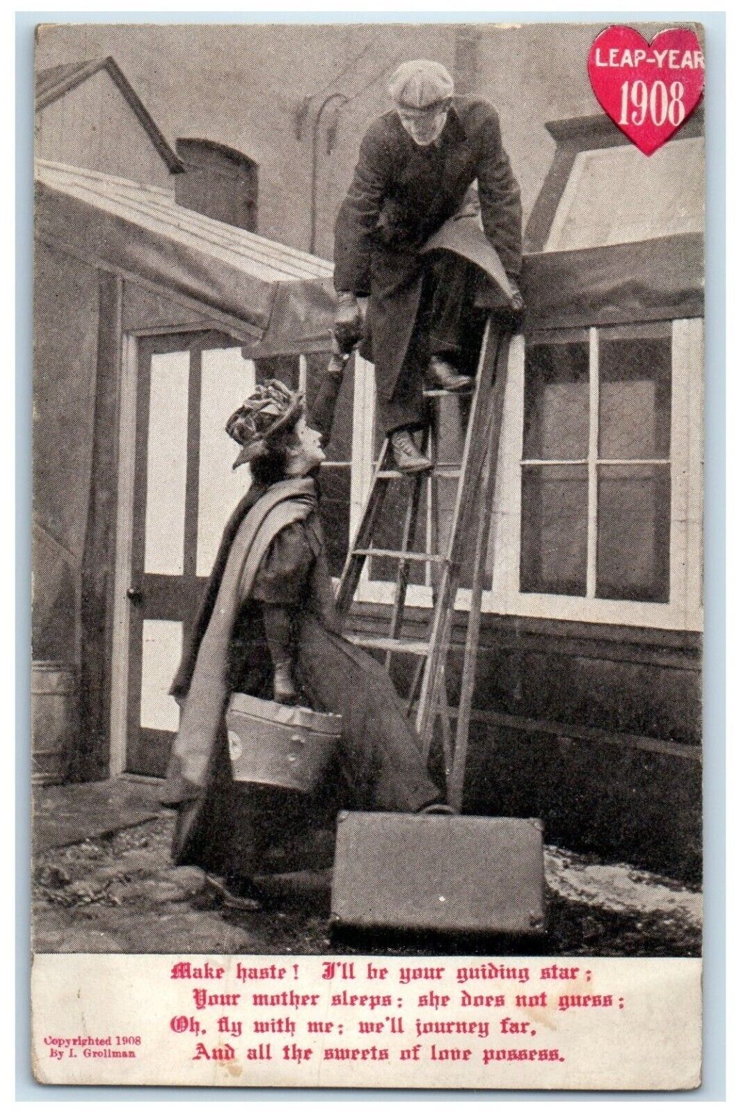 1908 Leap Year Couple Climbing Ladder Oak Harbor Ohio OH Posted Antique Postcard