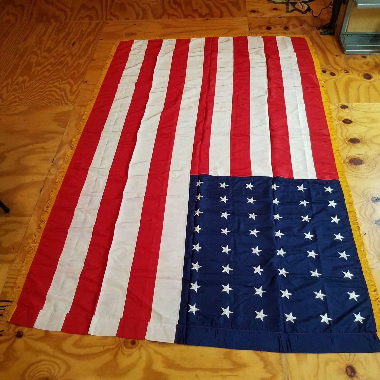 HUGE VTG 8 X 5 48 Star American Flag W Gold Colored Fringe (see photos)