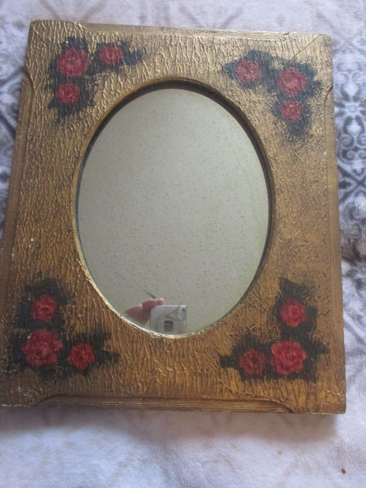 Vtg  Shabby Antique Gold Wood & Gesso Oval Mirror Frame , Hand Painted Roses,