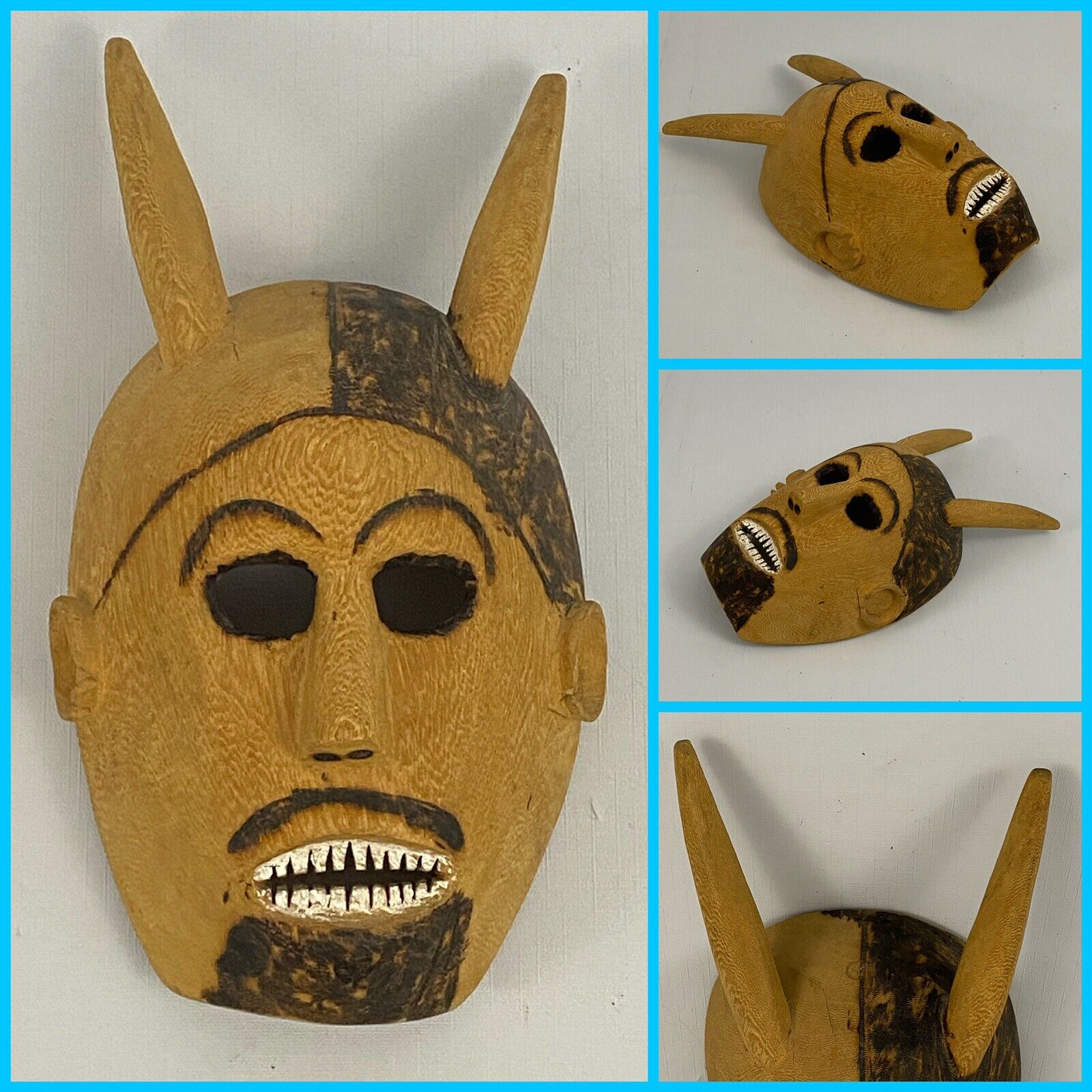 Vintage Authentic AFRICAN Wood Carved Horned Tribal Decorative DEVIL Death Mask