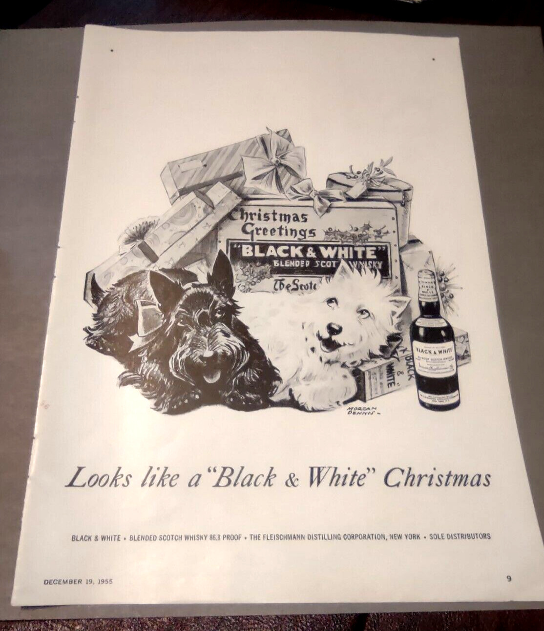 Vtg 1955 Black & White Scotch Whisky Print Ad Scottish Terrier Dogs Christmas 
