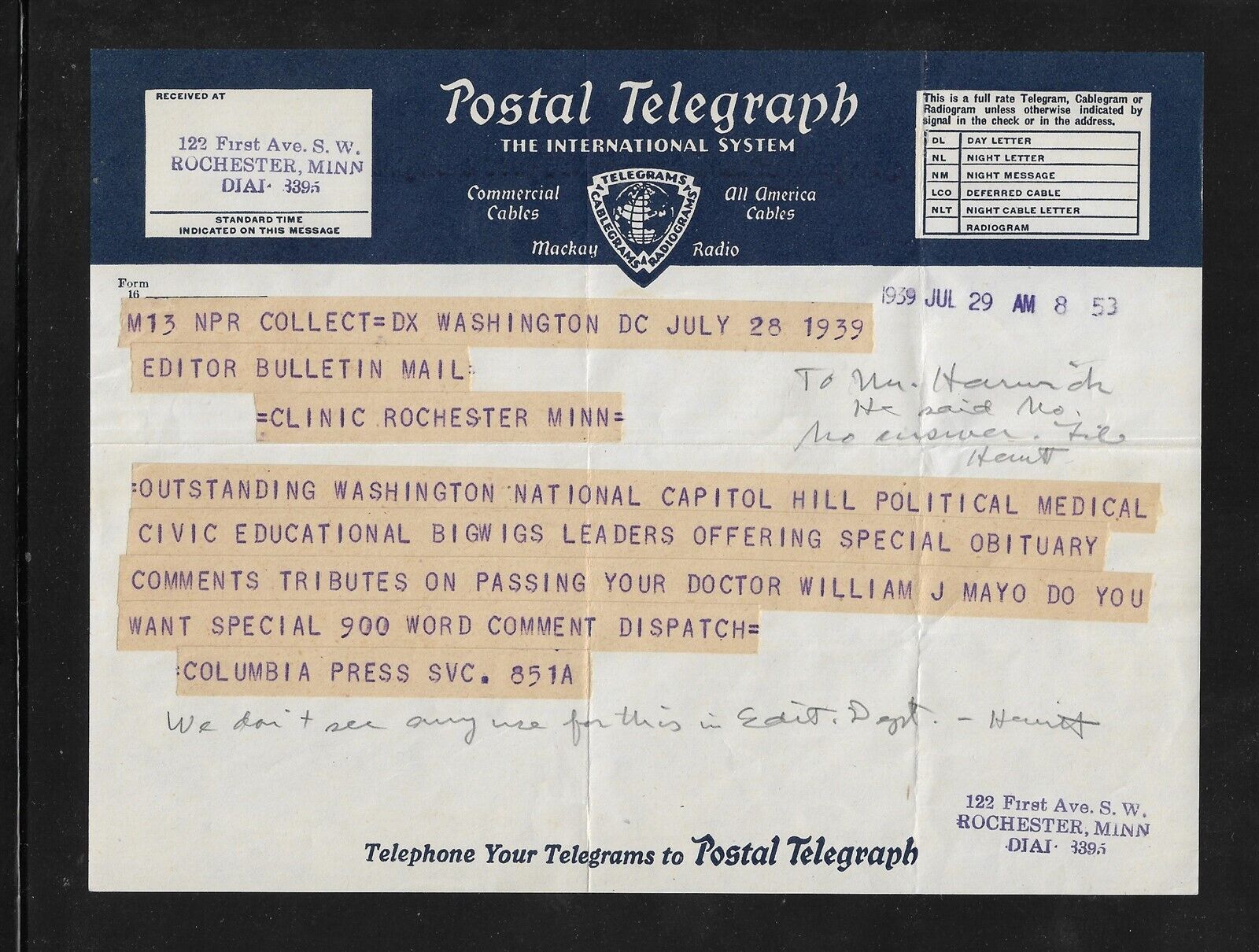 Vintage Paper: 1939 Telegram to Mayo Clinic (MN); Death of William J. Mayo