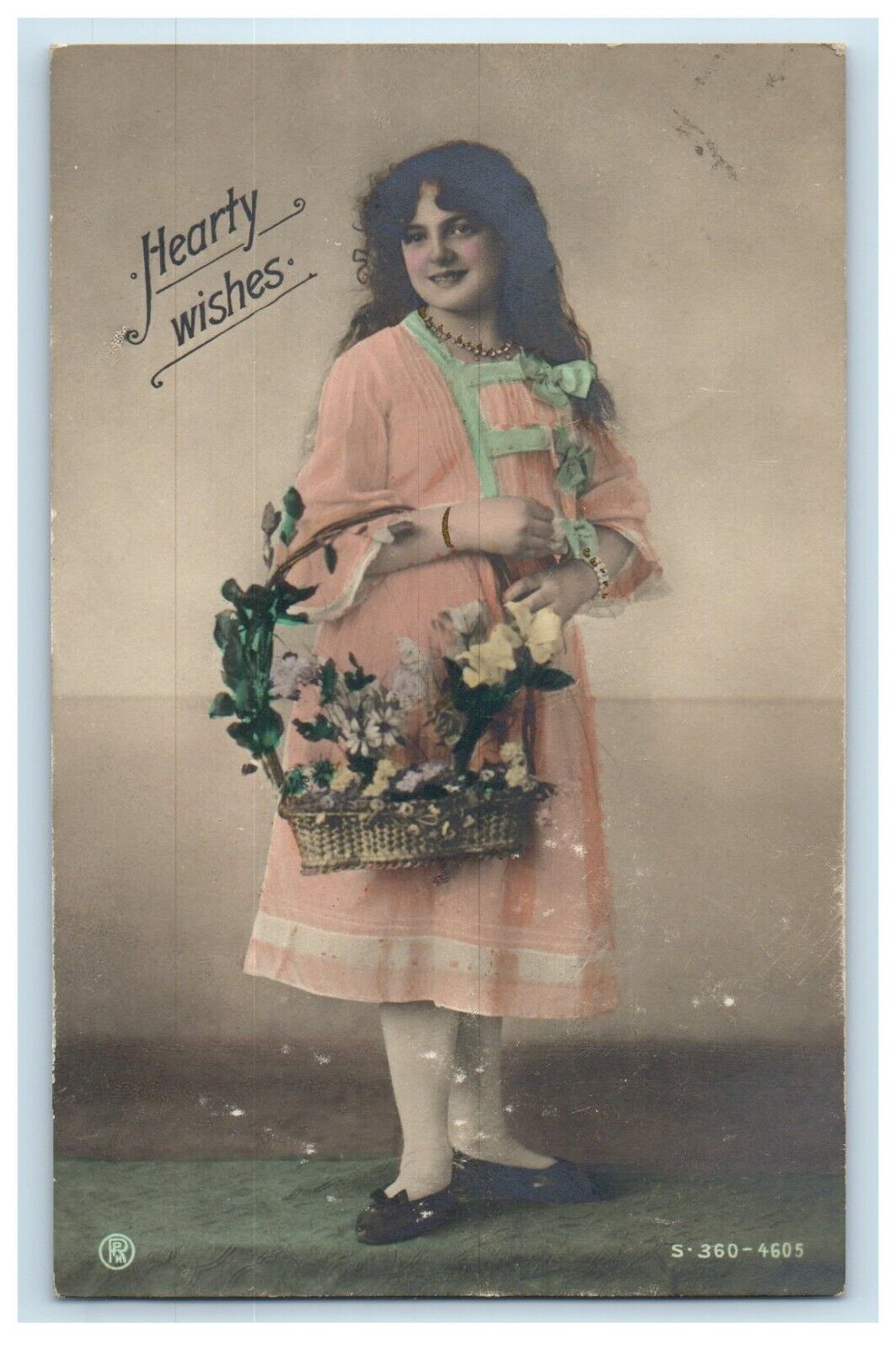 1907 Hearty Wishes Girl With Basket Flowers Studio Portrait RPPC Photo Postcard