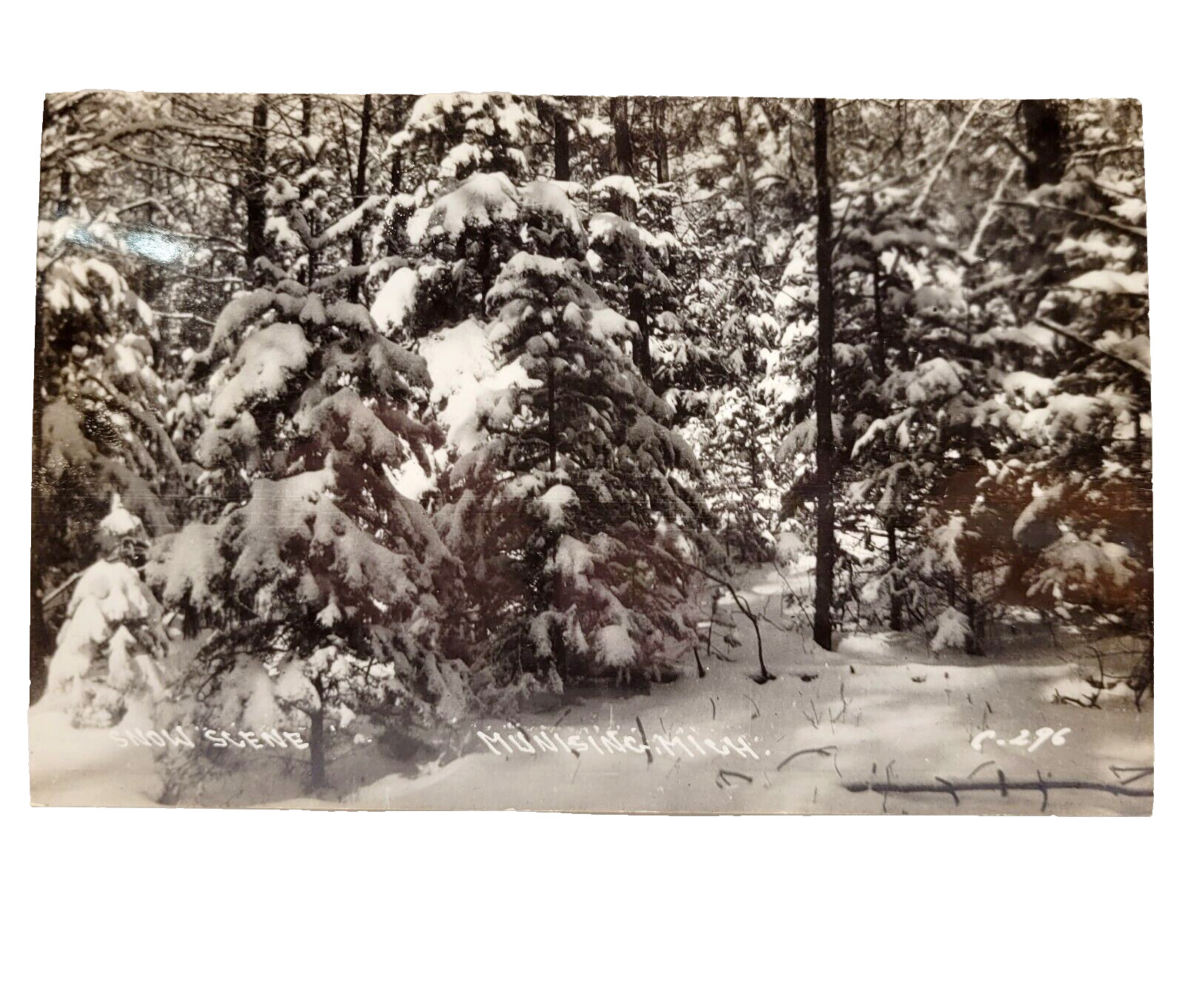 Snow Scene Munising Michigan MI USA 1940s RPPC Postcard Unused