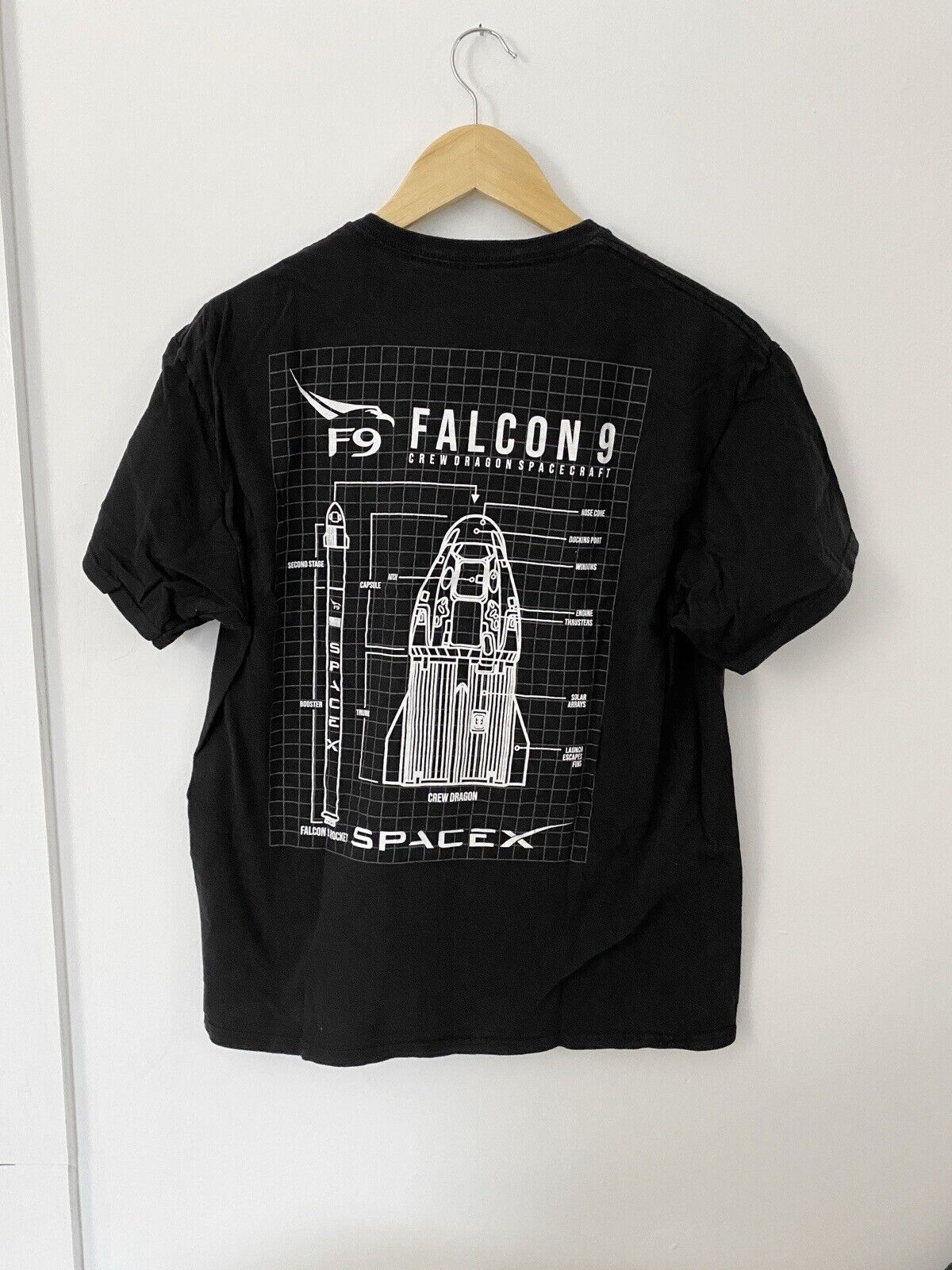 SpaceX falcon 9 Rocket Schematics Crew Dragon Capsule Nasa Black Shirt Merch
