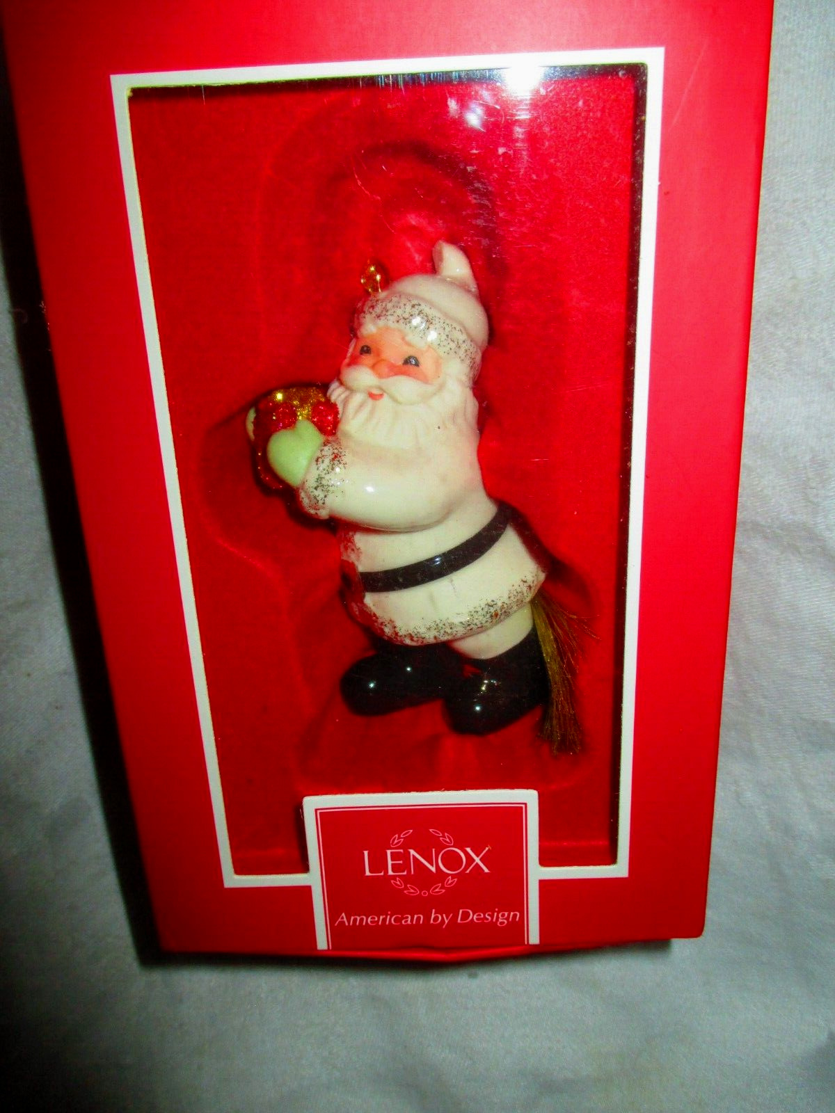 LENOX  Santa Claus Ceramic Porcelain Christmas Ornament Holding Gift IN BOX