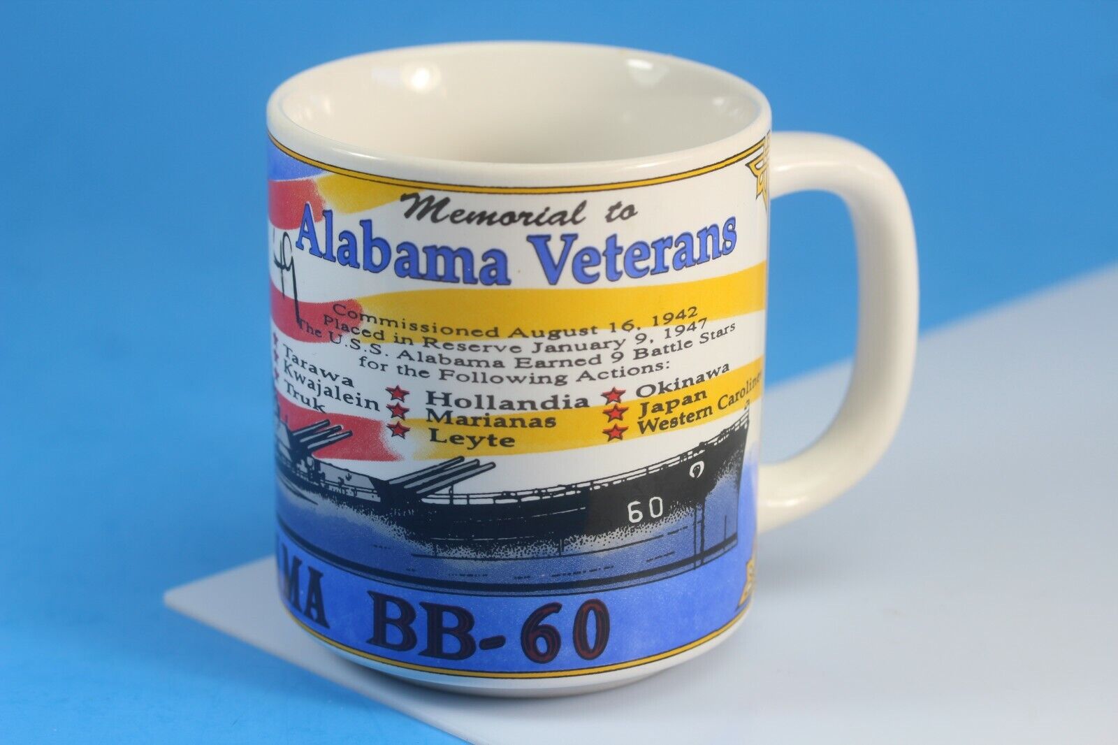 U.S.S. Alabama BB-60 Memorial to Veterans Mug, Cup. Okinawa, Tarawa, Leyte 