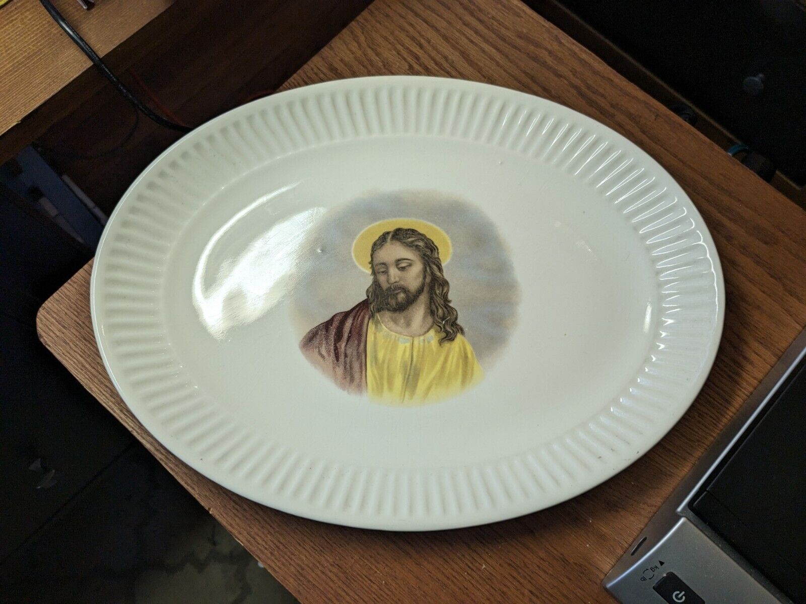 Vintage Jesus Christ Decorative Platter Oval 13 inch Transferware