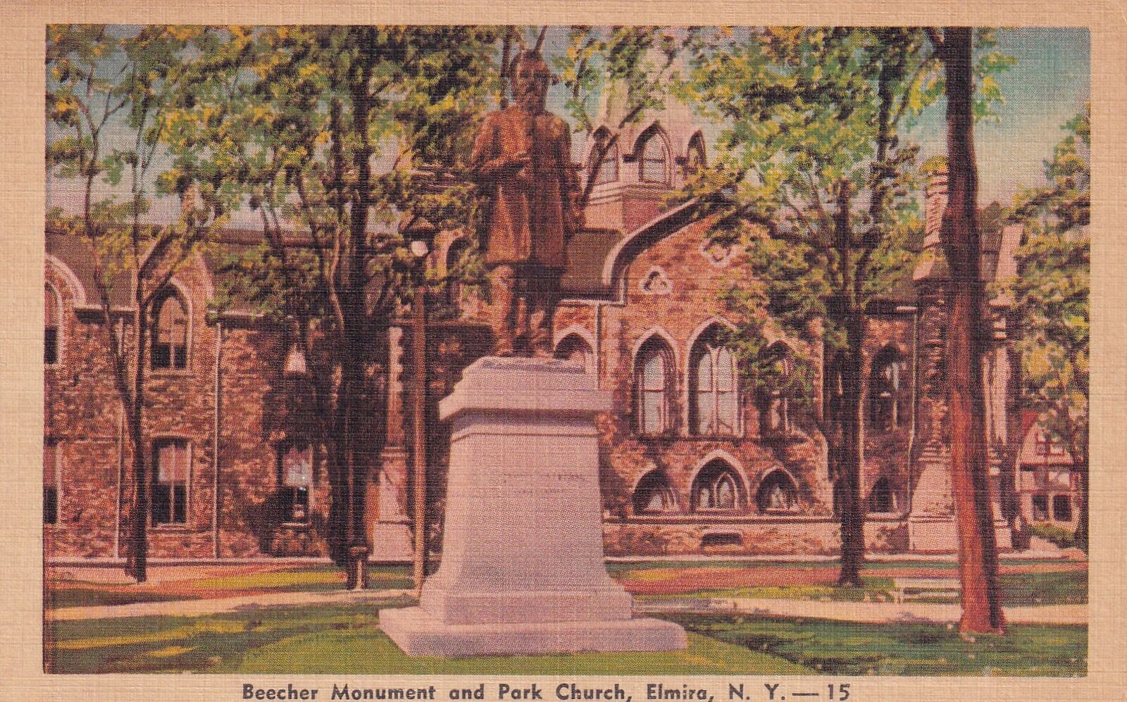 Elmira New York NY Beecher Monument Park Church Postcard C30