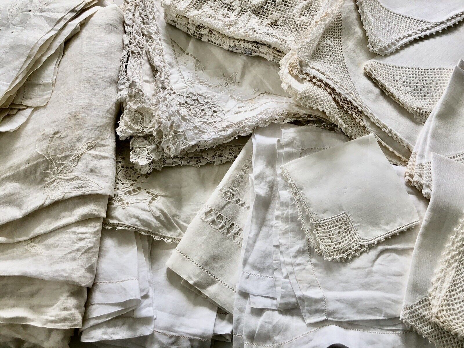 WHITE LINENS 60+ Antique Handmade Lace Napkins Tablecloths Huge Vtg CUTTER Lot