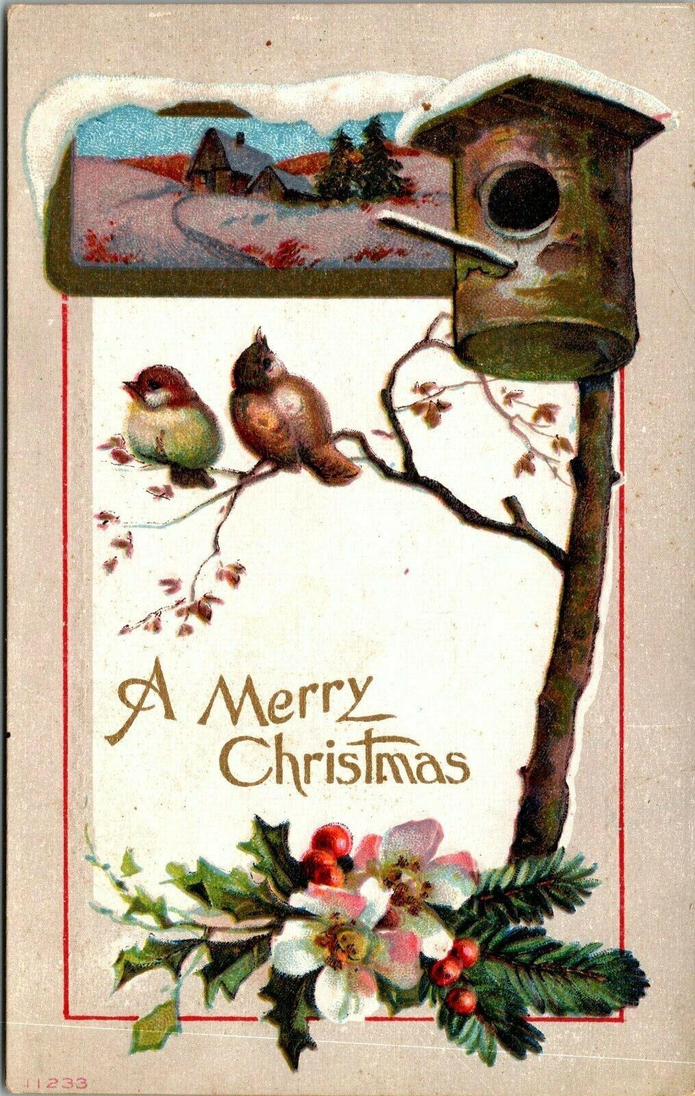 Vintage 1910's Cabin Cottage Scene Bird House Embossed Merry Christmas Postcard