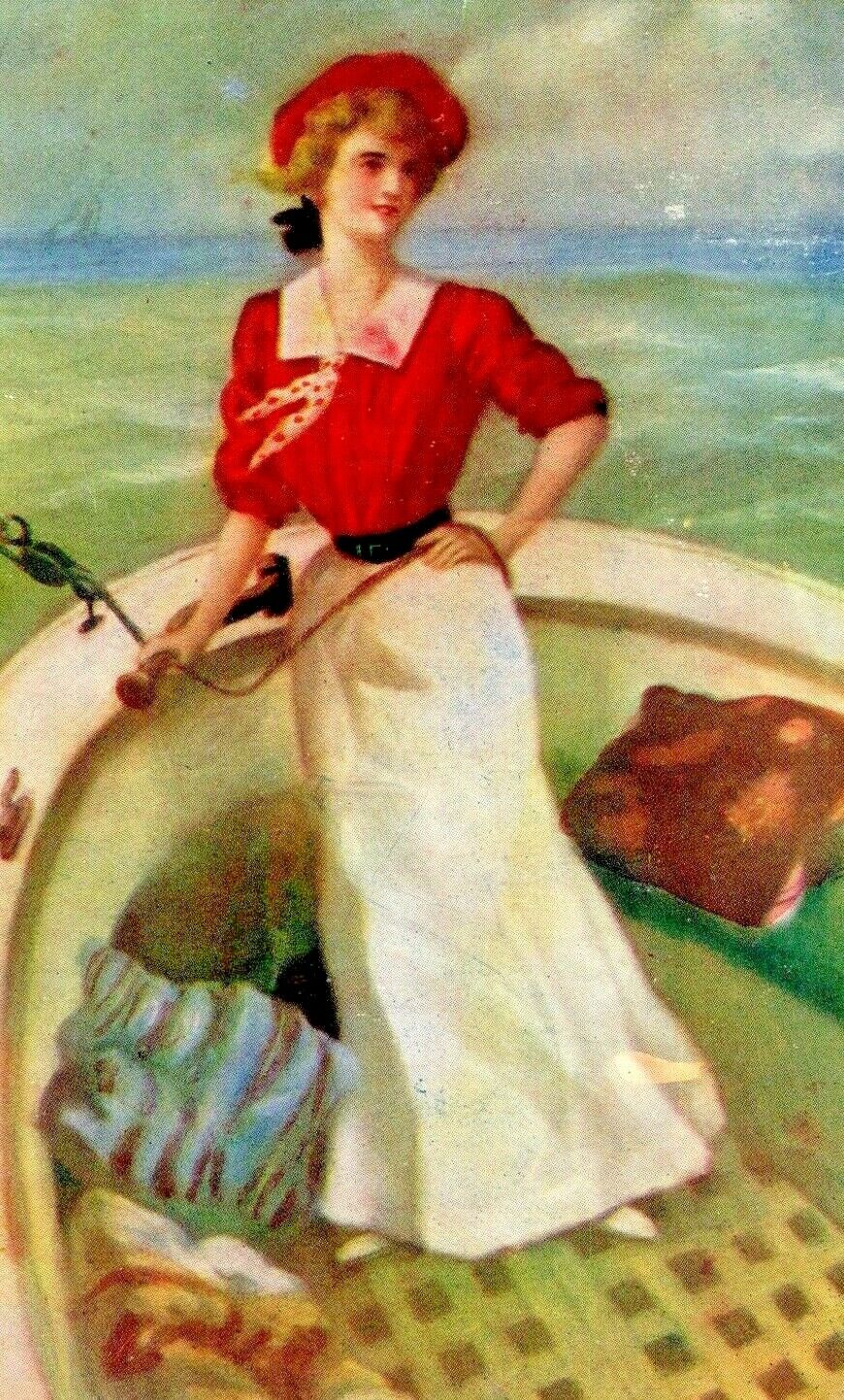 C.1908 The Yachting Girl. Beautiful Woman. Nautical. Ship. Emma Allenburg. VTG