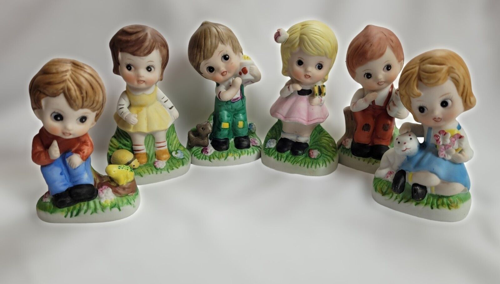 Set of 6 Vintage Big-Eyed Girls & Boys Figurines Bisque Porcelain Korea