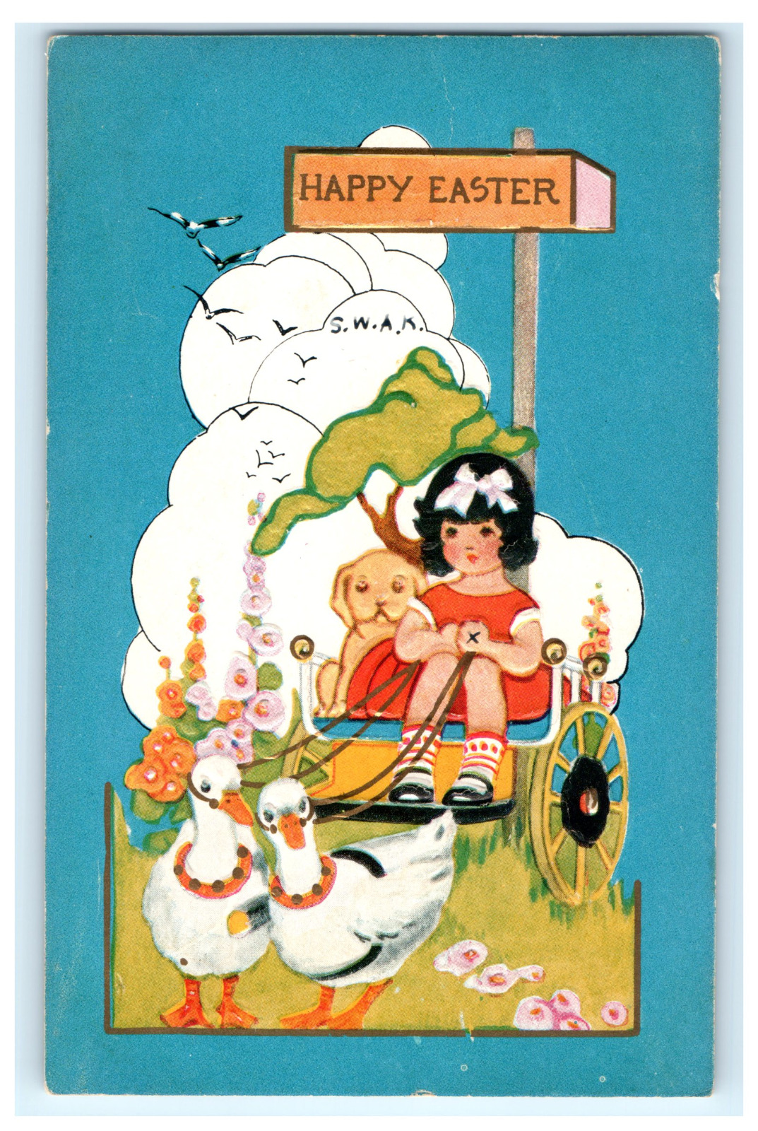 Postcard Happy Easter Girl and Puppy On Cart Pulled by Geese Embossed c1920's DB