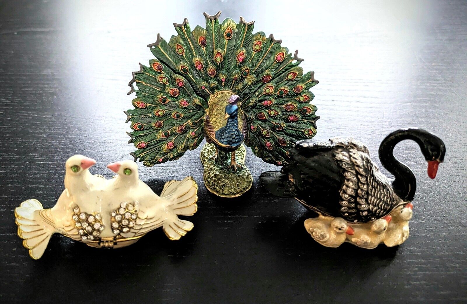 Set of 3 Enamel Bejeweled Hinged Trinked Box / Boxes | Peacock Swan Dove