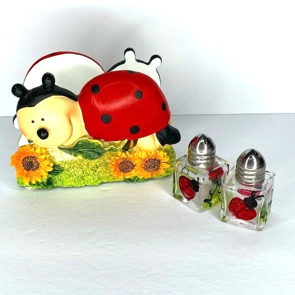 Ladybug Napkin Holder & Mini Glass Salt & Pepper Shakers Set Patio BBQ Picnic