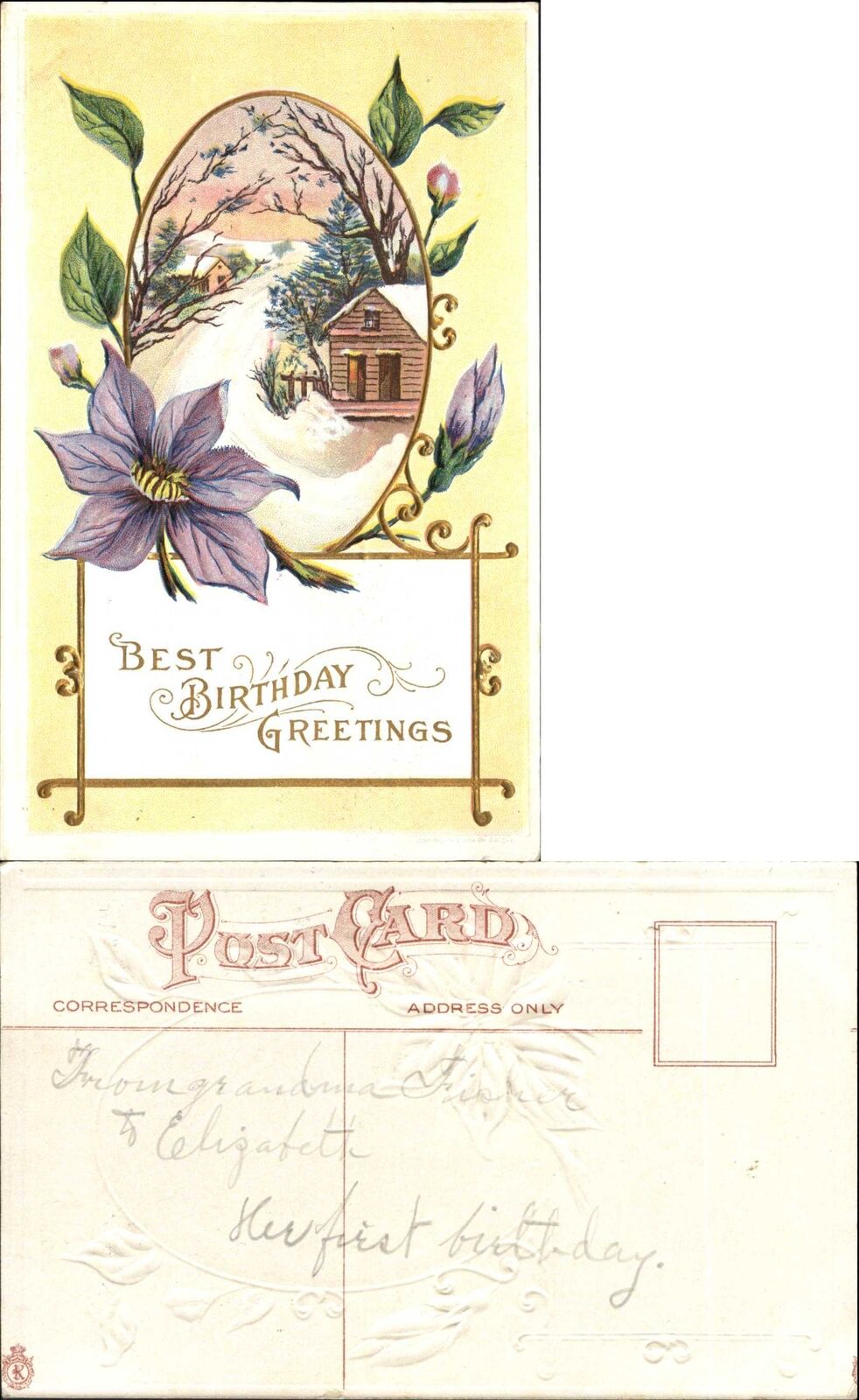 Birthday beautiful pastel yellow violet flowers country road snow winter c1910