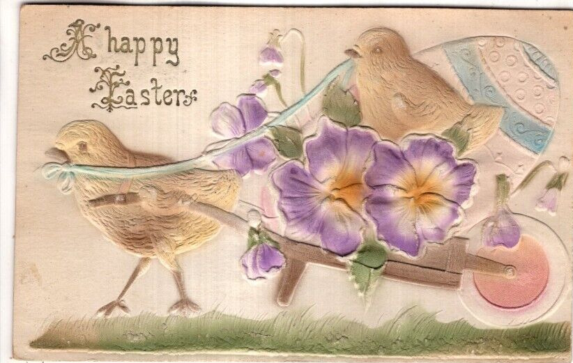 ANTIQUE EASTER Postcard     CHICK PULLING WHEELBARROW WITH CHICK AND PANSIES