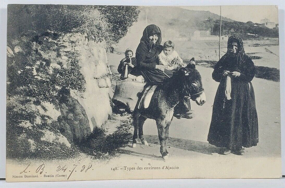 Ajaccio Women Child Donkey, Types des Environs Corsica 1908 Postcard L6