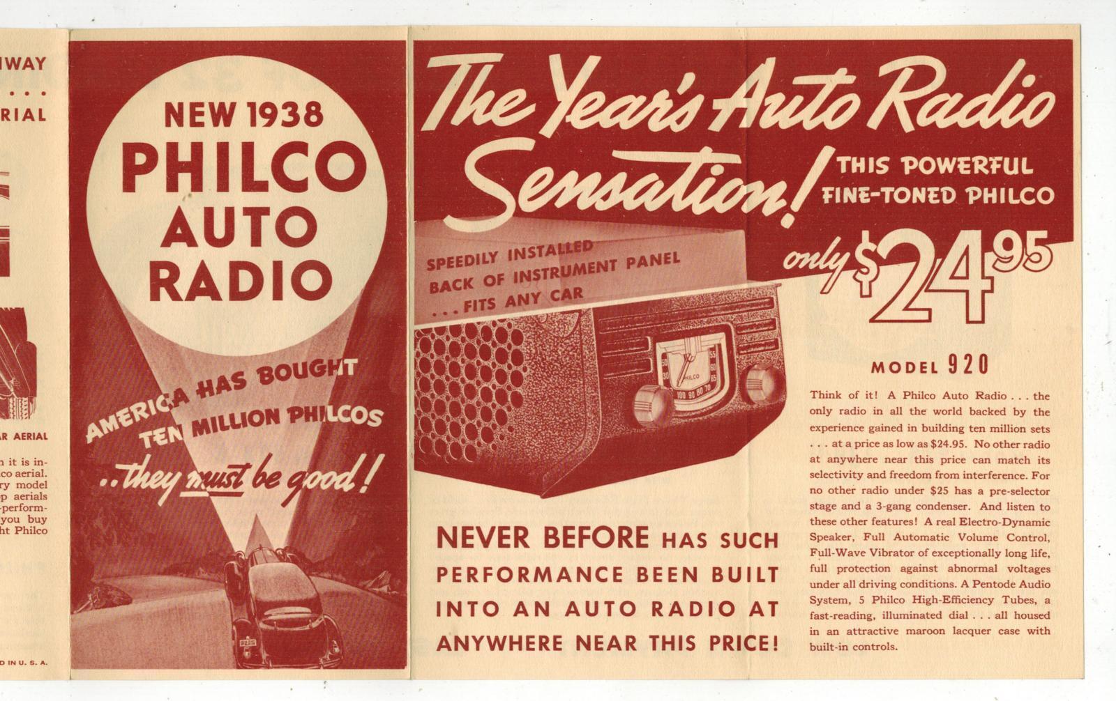 NEW 1938 PHILCO AUTO RADIO FOLDOUT ADVERTISING PAMPHLET Found Sealed in 1938 Env