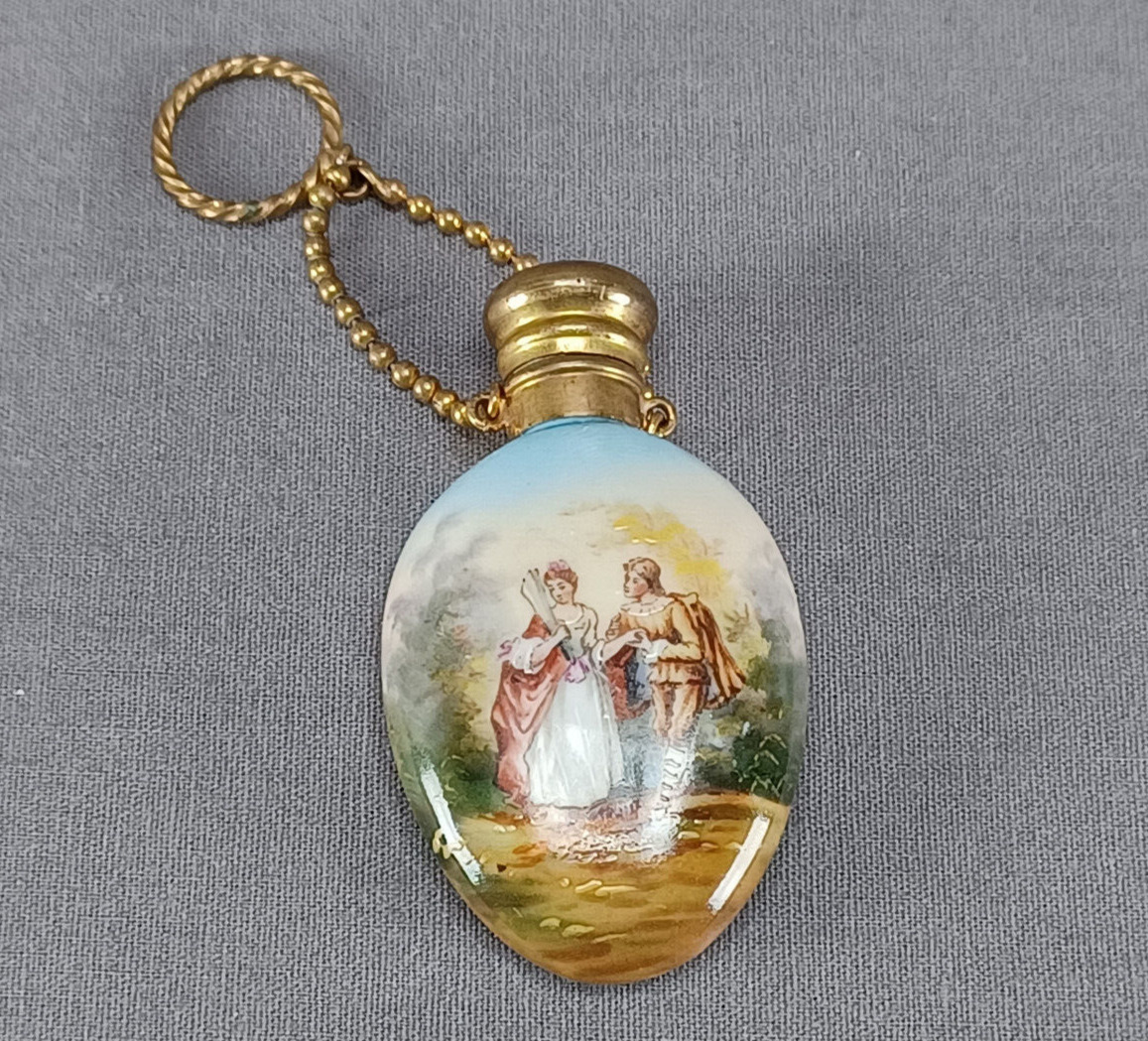 Late 19th Century French Hand Colored Watteau Scene Perfume / Scent Bottle