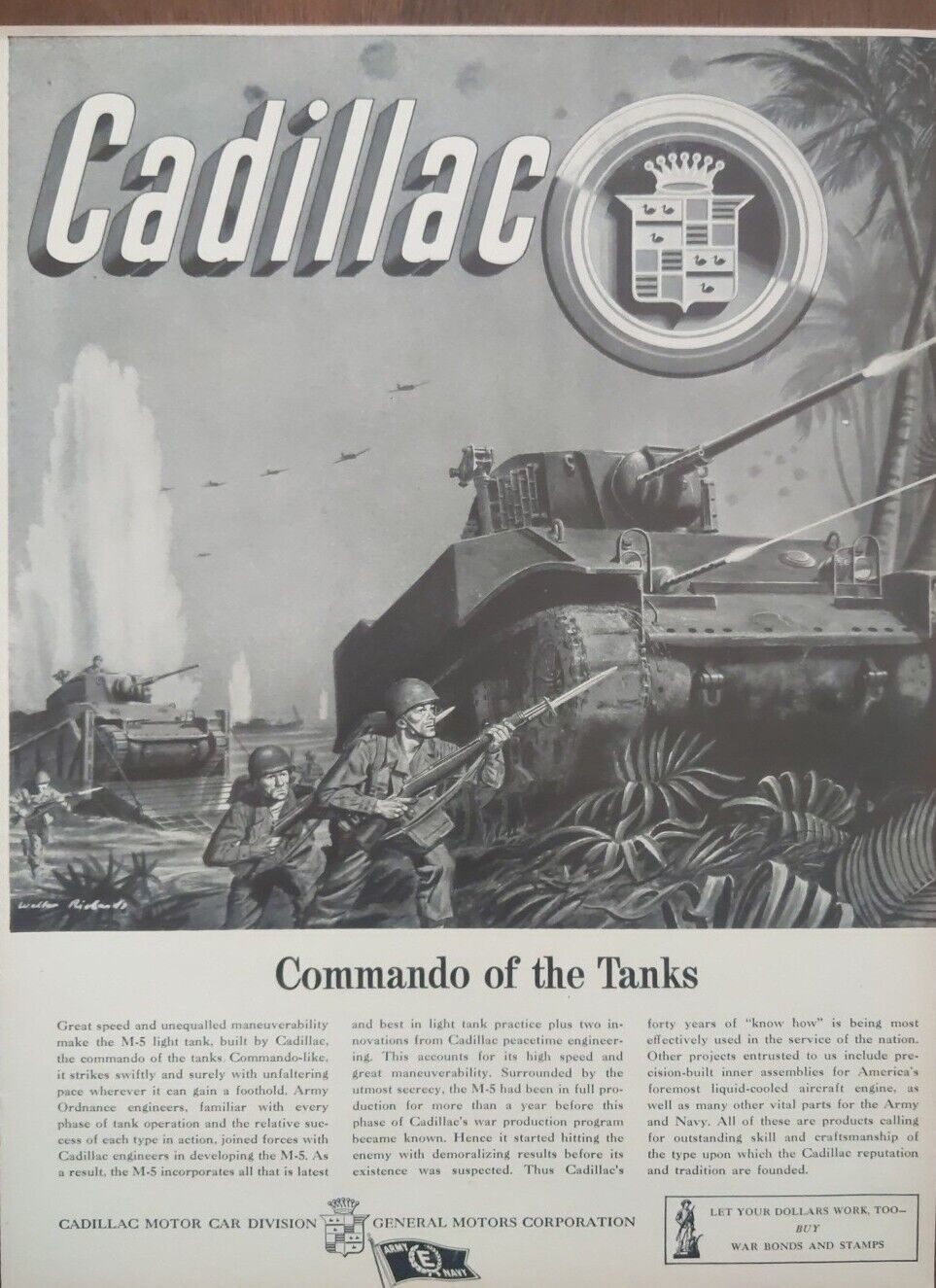 1943 vintage WWll Cadillac Motors M-5 tank, Buy war Bonds advertisement