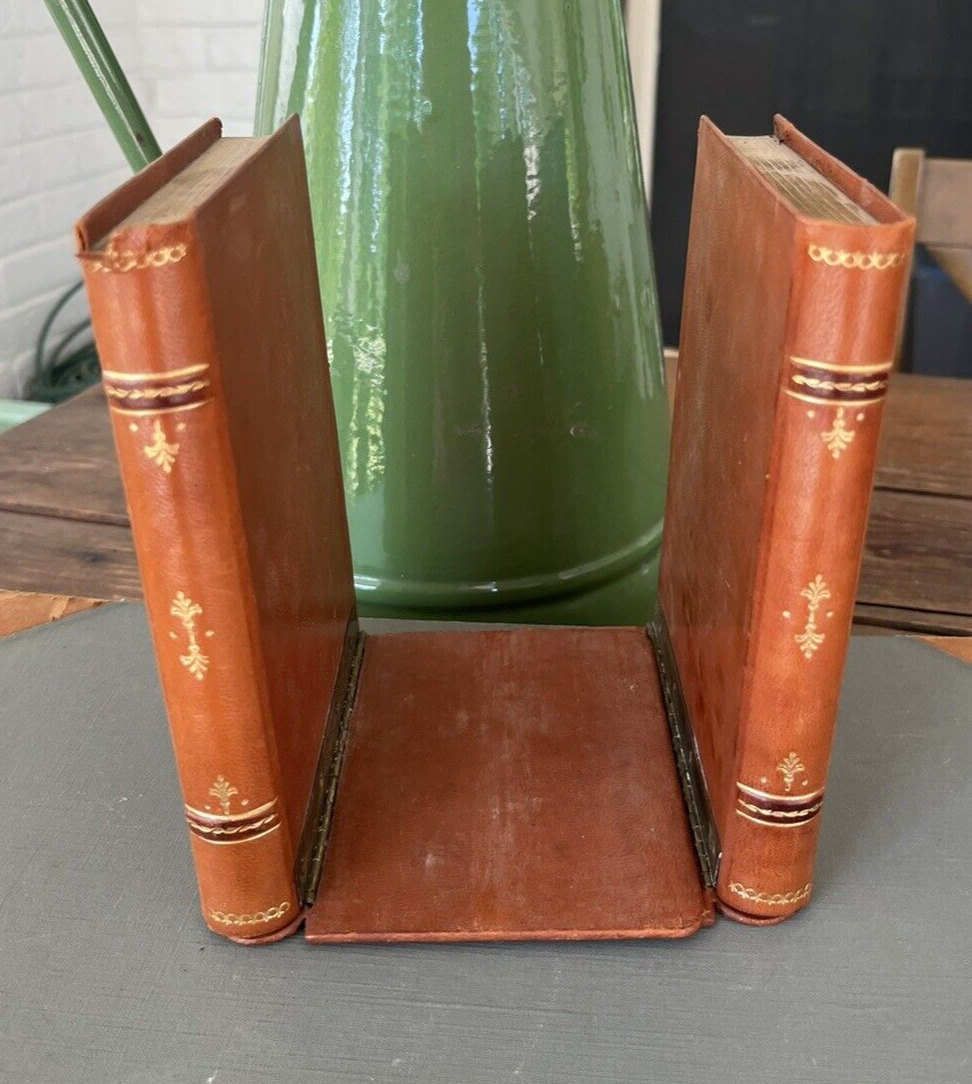 Vintage Beautiful Italian Leather Book Folding Bookends ~Gold Embossed Gold Edge