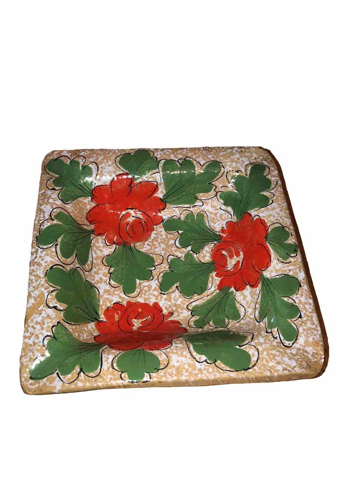VINTAGE MCM Italy Terra-Cotta Bowl Dish Ashtray Bright Red Flowers ￼cute