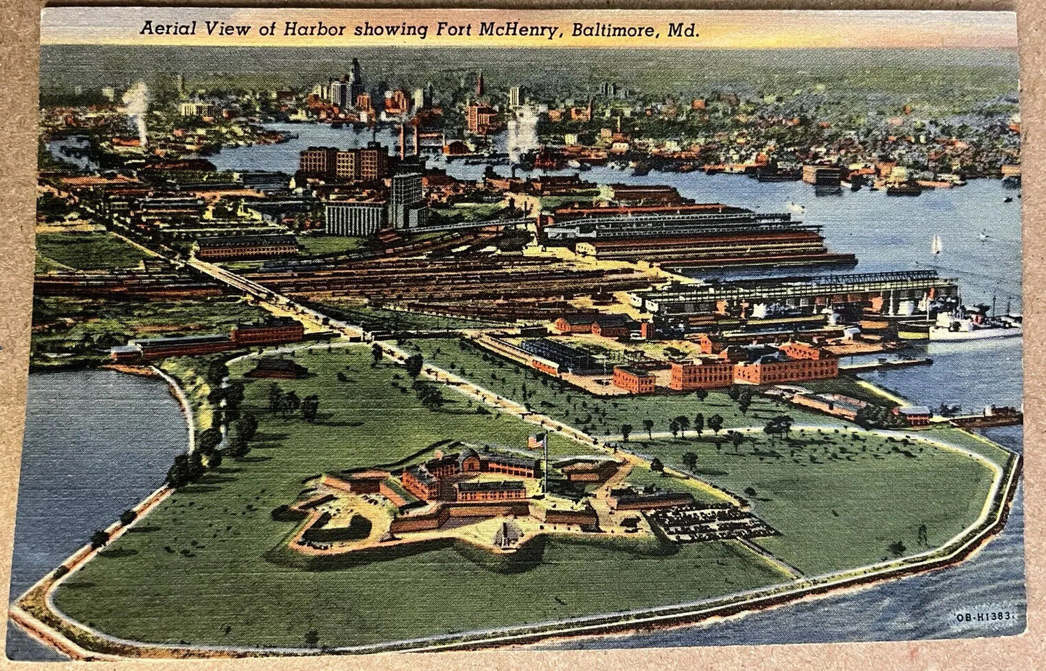 Baltimore MD Fort McHenry Harbor Aerial View Maryland Vintage Postcard c1940