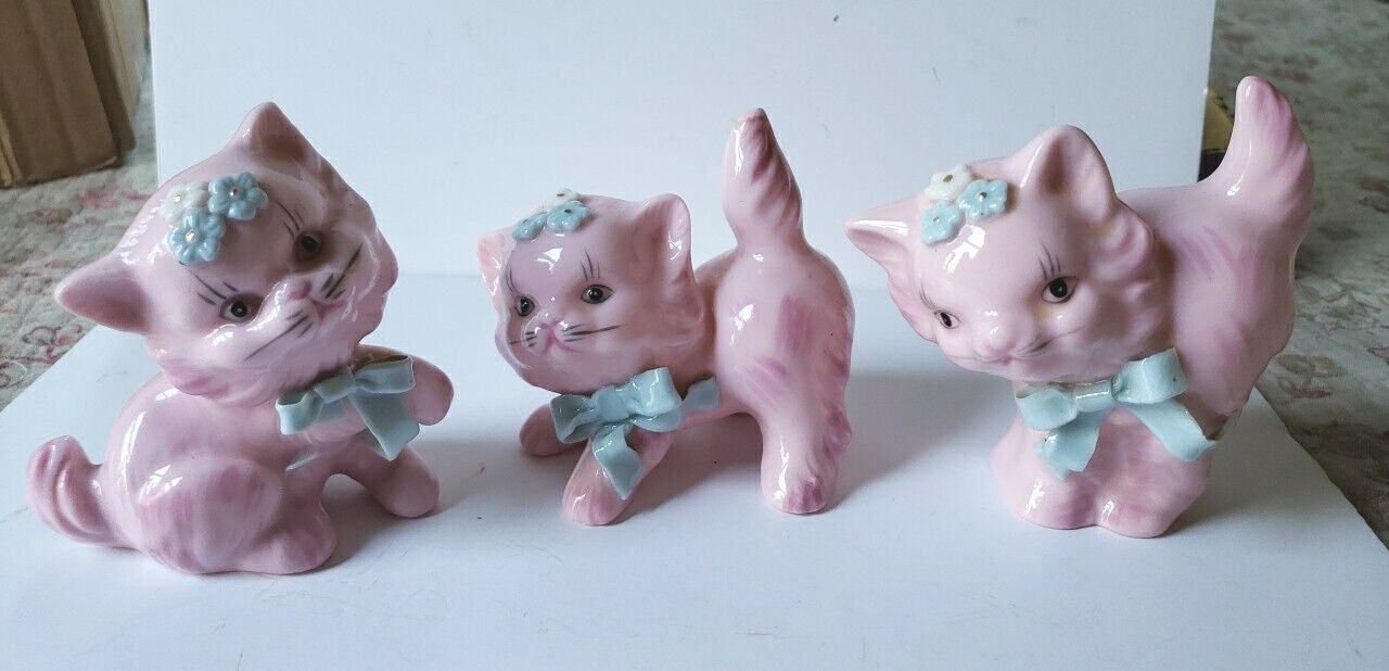 Set of 3 Lefton Vintage Porcelain Ceramic Pink Cat Kittens