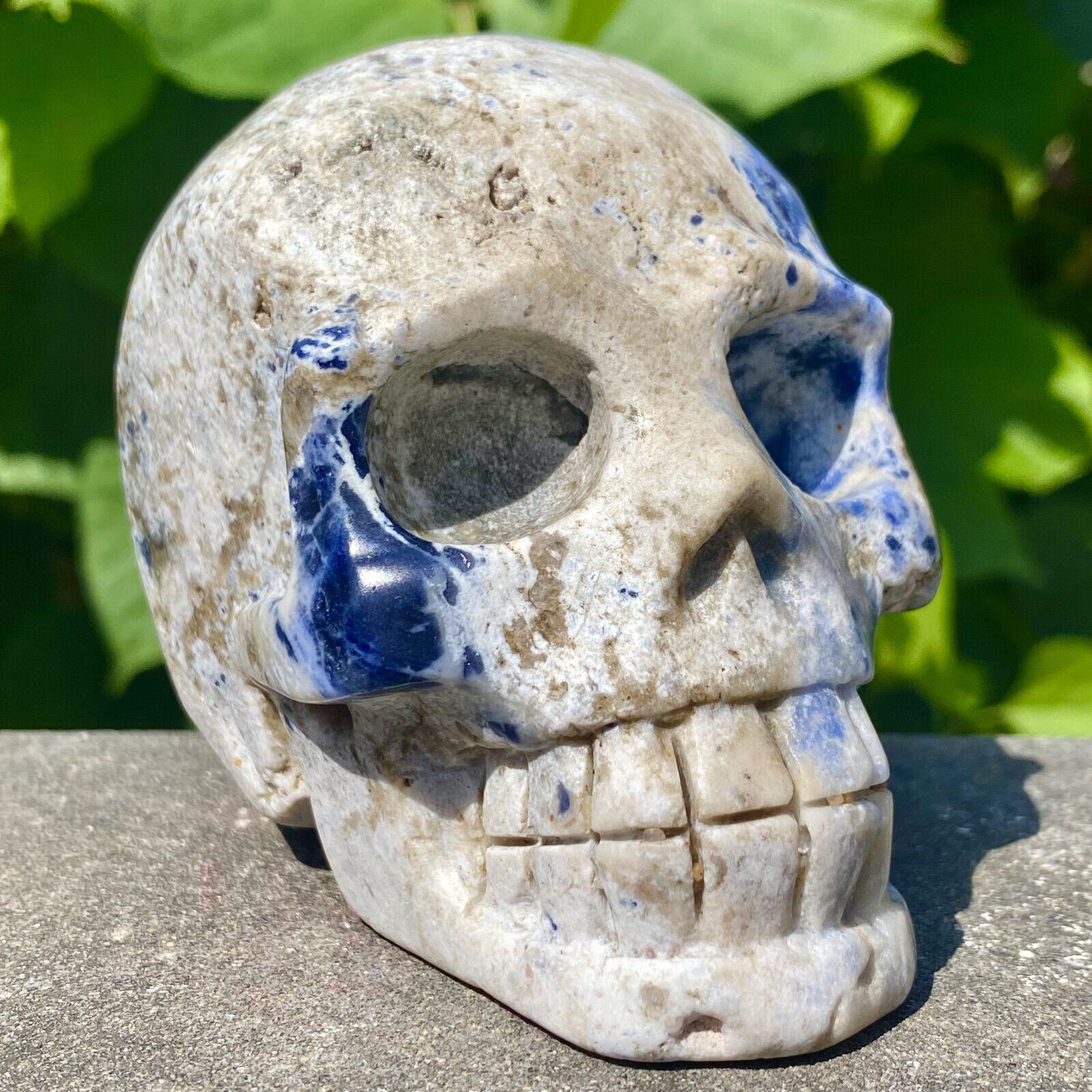 474G Natural Blue stripe quartz hand Carved skull crystal healing